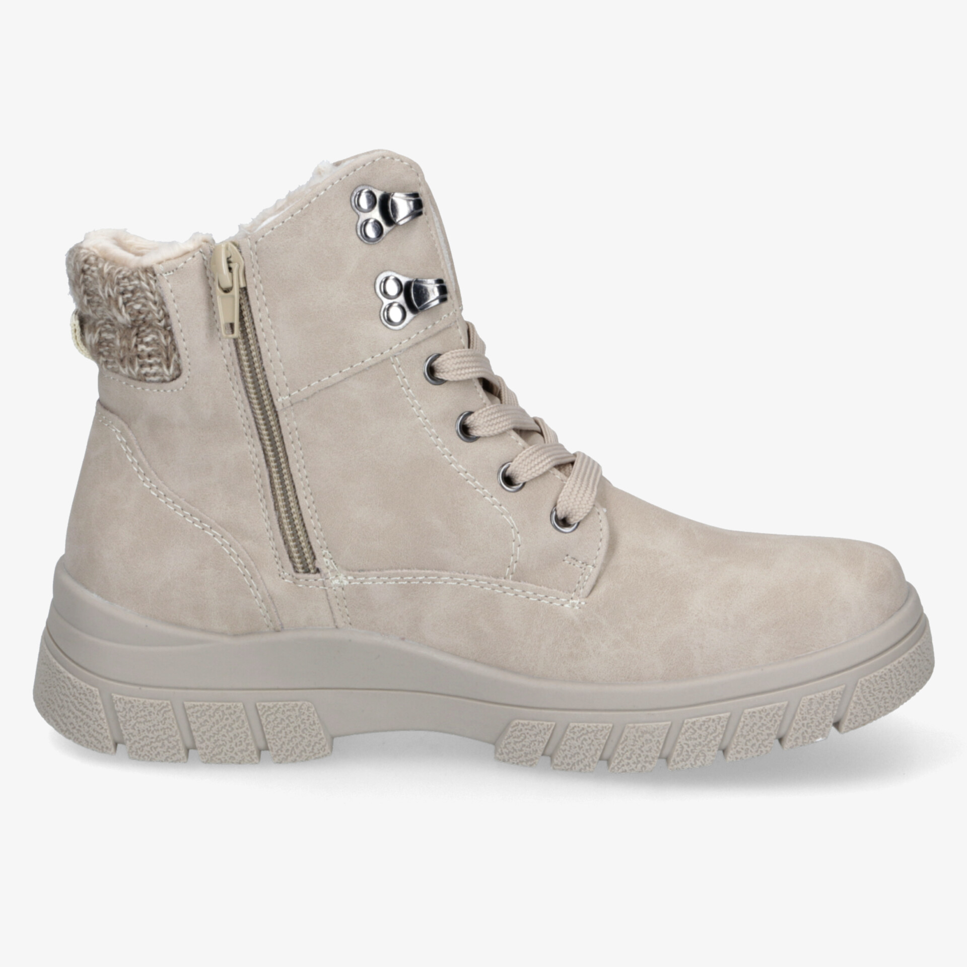 Beiger Winterboot mit seitlicher Schnürung und Reißverschluss, warm gefüttert, rutschfeste robuste Sohle