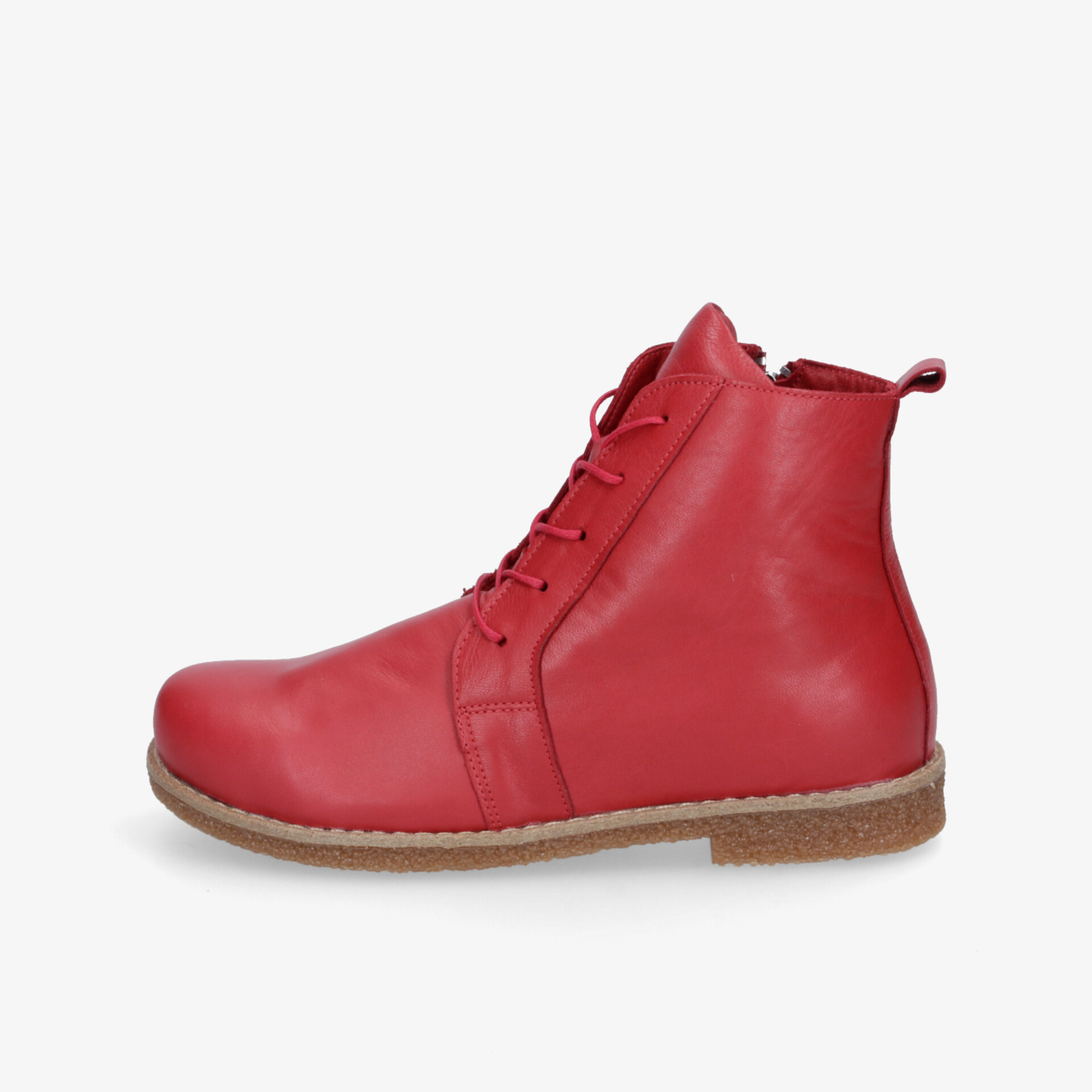 Rote Lederstiefelette mit flacher Sohle und Schnürung, bequem und klassisch im seitlichen Profil