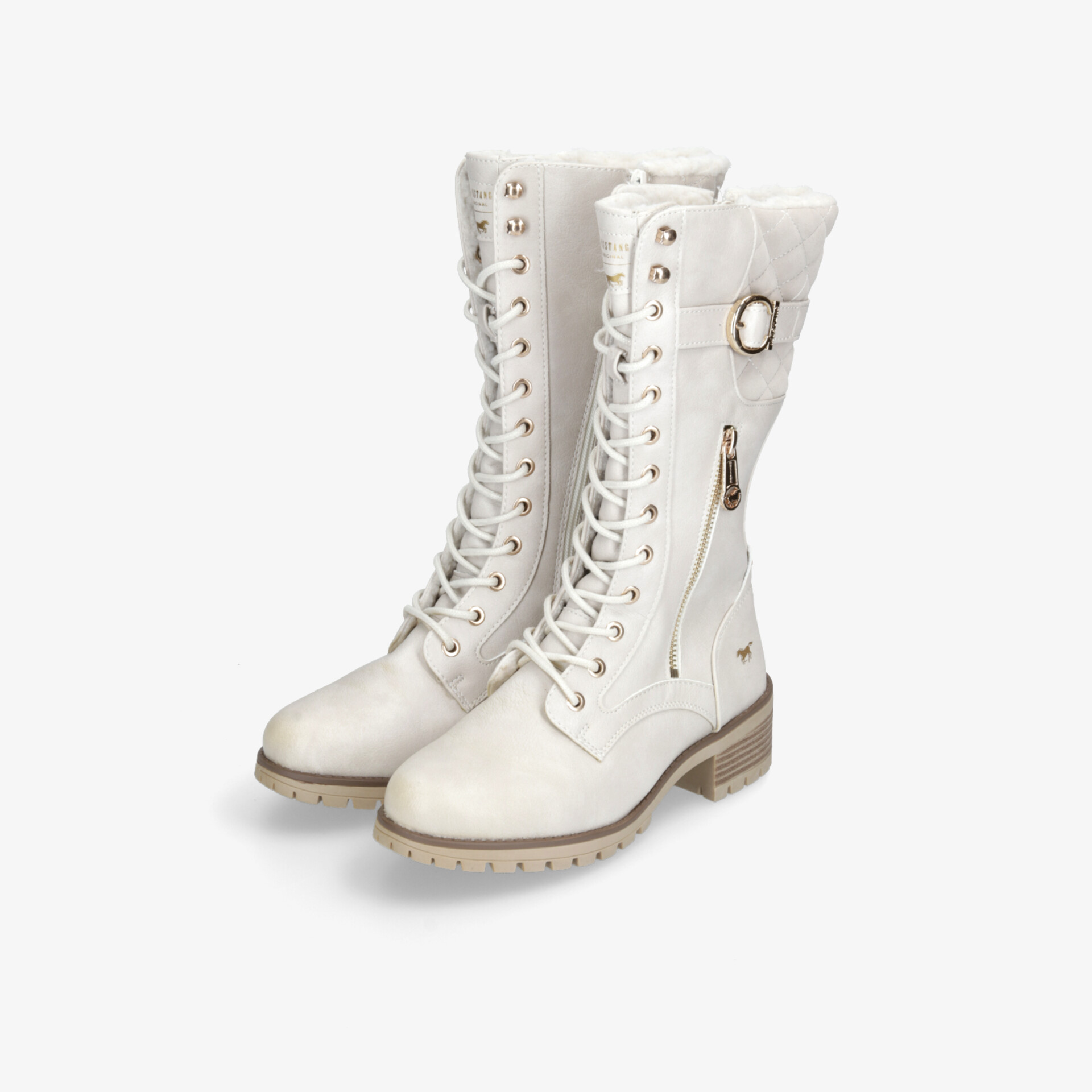 Kniehohe weiße Schnürstiefel mit seitlichem Reißverschluss. Stilvolles Design und strapazierfähige Sohle.