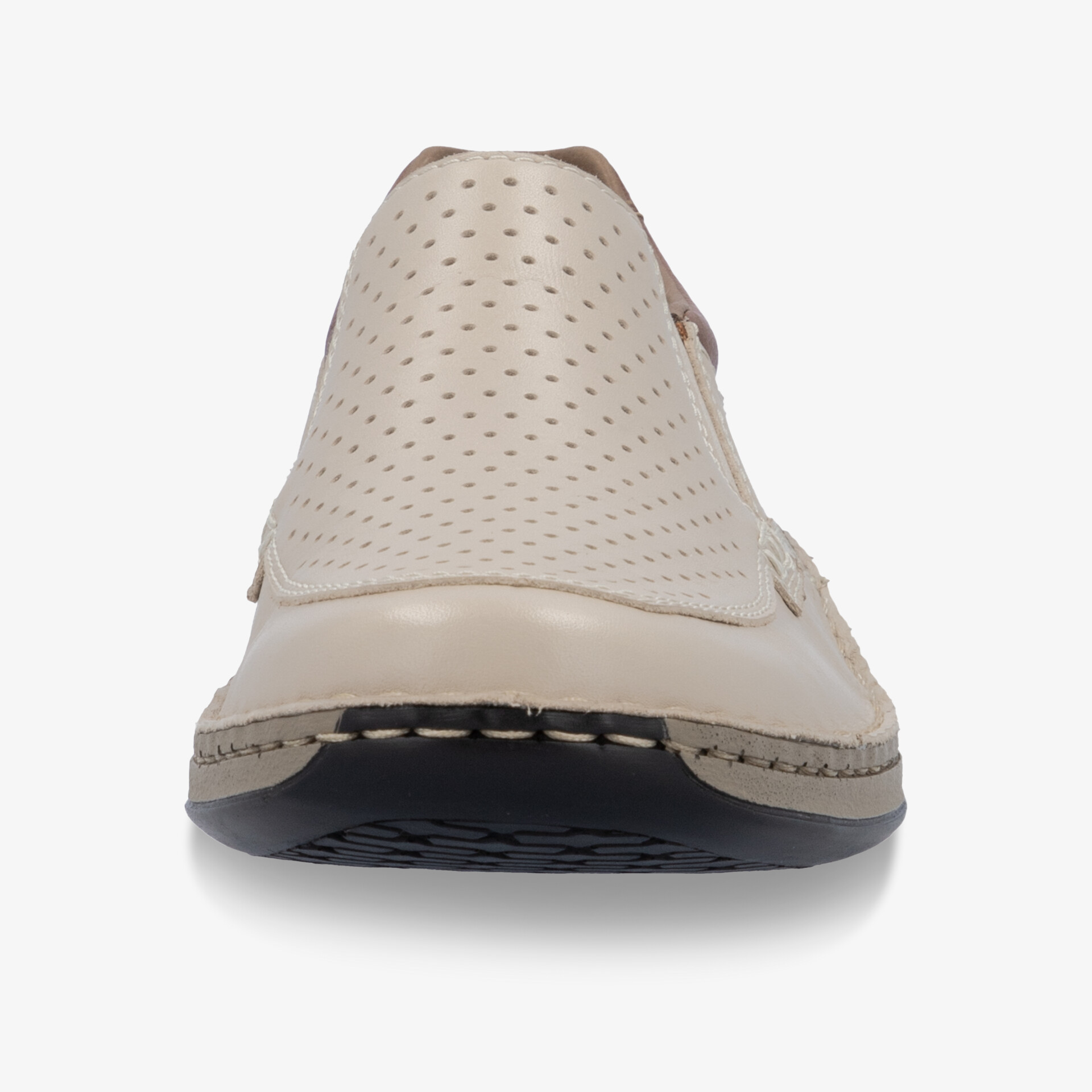 Bequemer, atmungsaktiver Schuh mit gepolsterter Ferse und flexibler Sohle in neutralem Farbton, Rückansicht