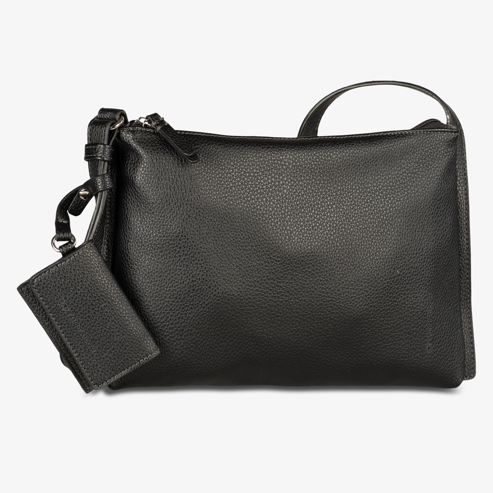 Schlichte schwarze Ledertasche mit Reißverschluss und abnehmbarem Kartenetui, elegant und praktisch