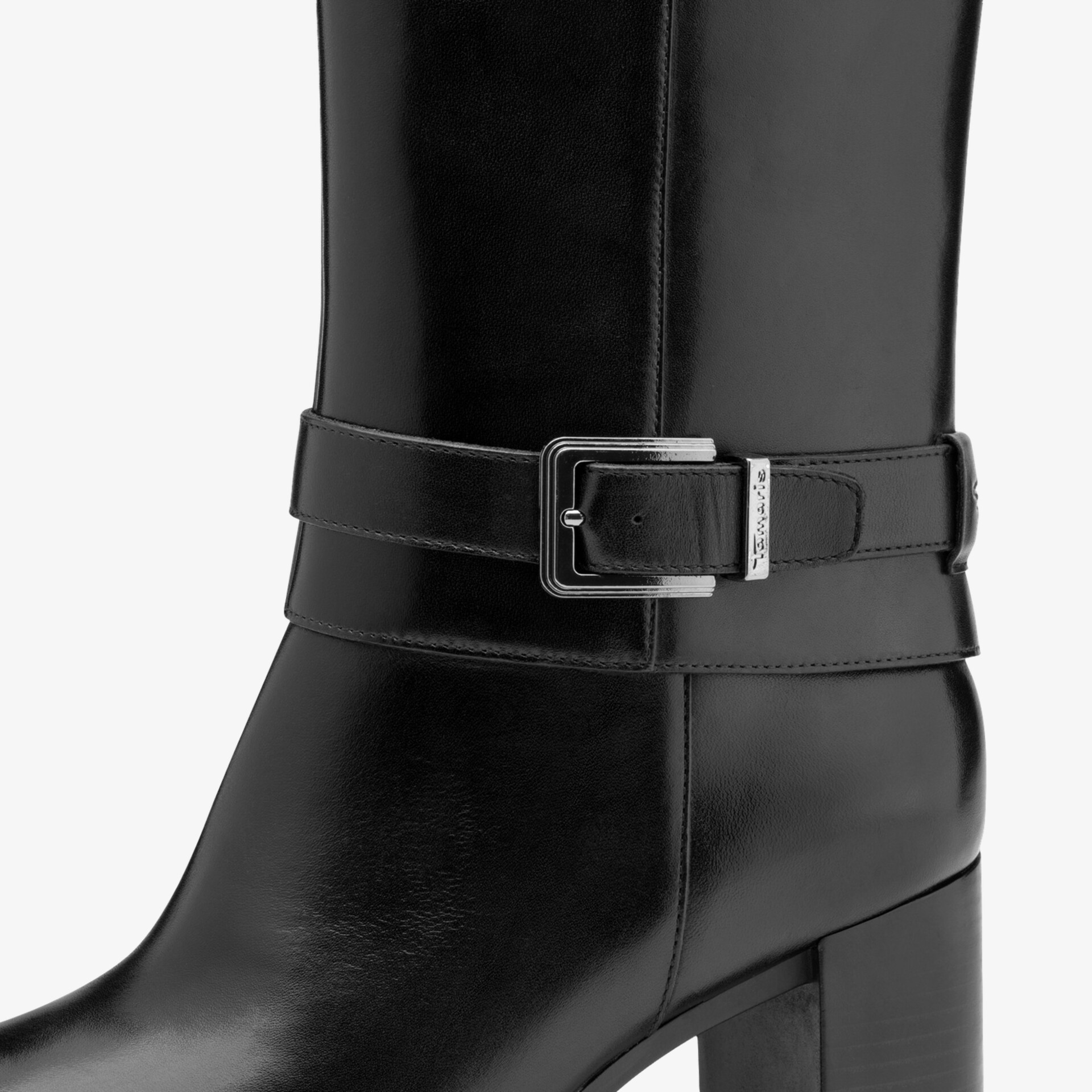 Eleganter Stiefel aus hochwertigem Leder mit verstellbarer Schnalle und stabilem Blockabsatz
