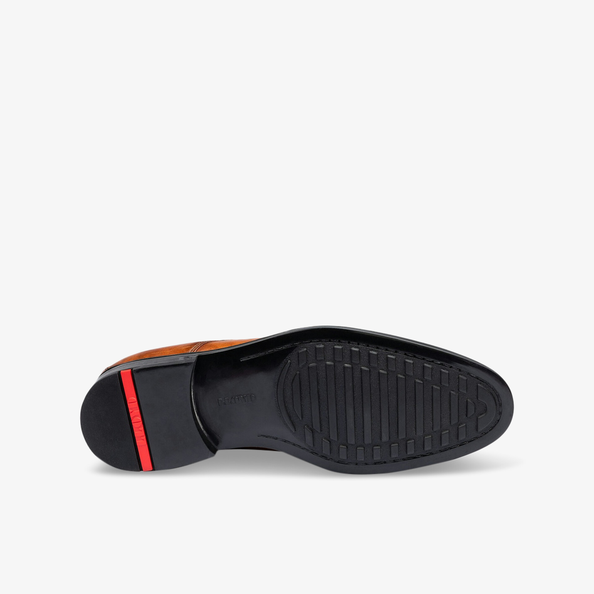 Robuste schwarze Schuhsohle mit strukturiertem Profil und roten Akzenten für optimalen Halt und Komfort