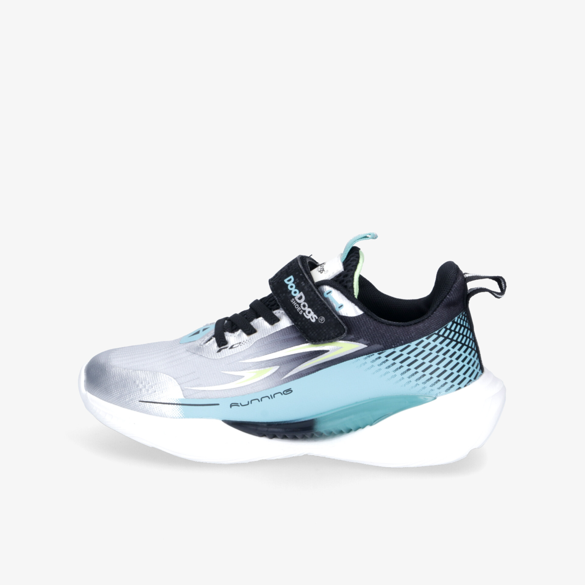 Sportlicher Sneaker in Silber und Blau mit leichtem, stabilem Design und bequemer Passform seitlich sichtbar