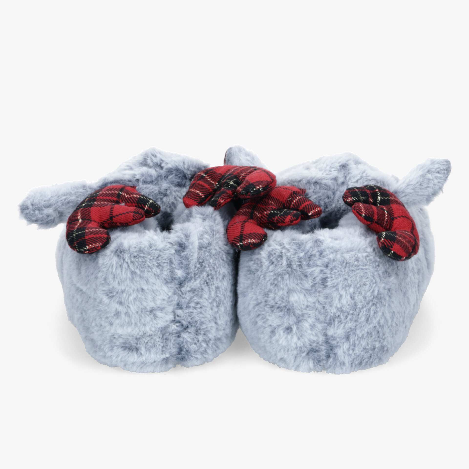 Weiche kuschelige graue Plüsch-Hausschuhe mit komfortabler Passform und dekorativem rot-schwarzem Schleifenmotiv