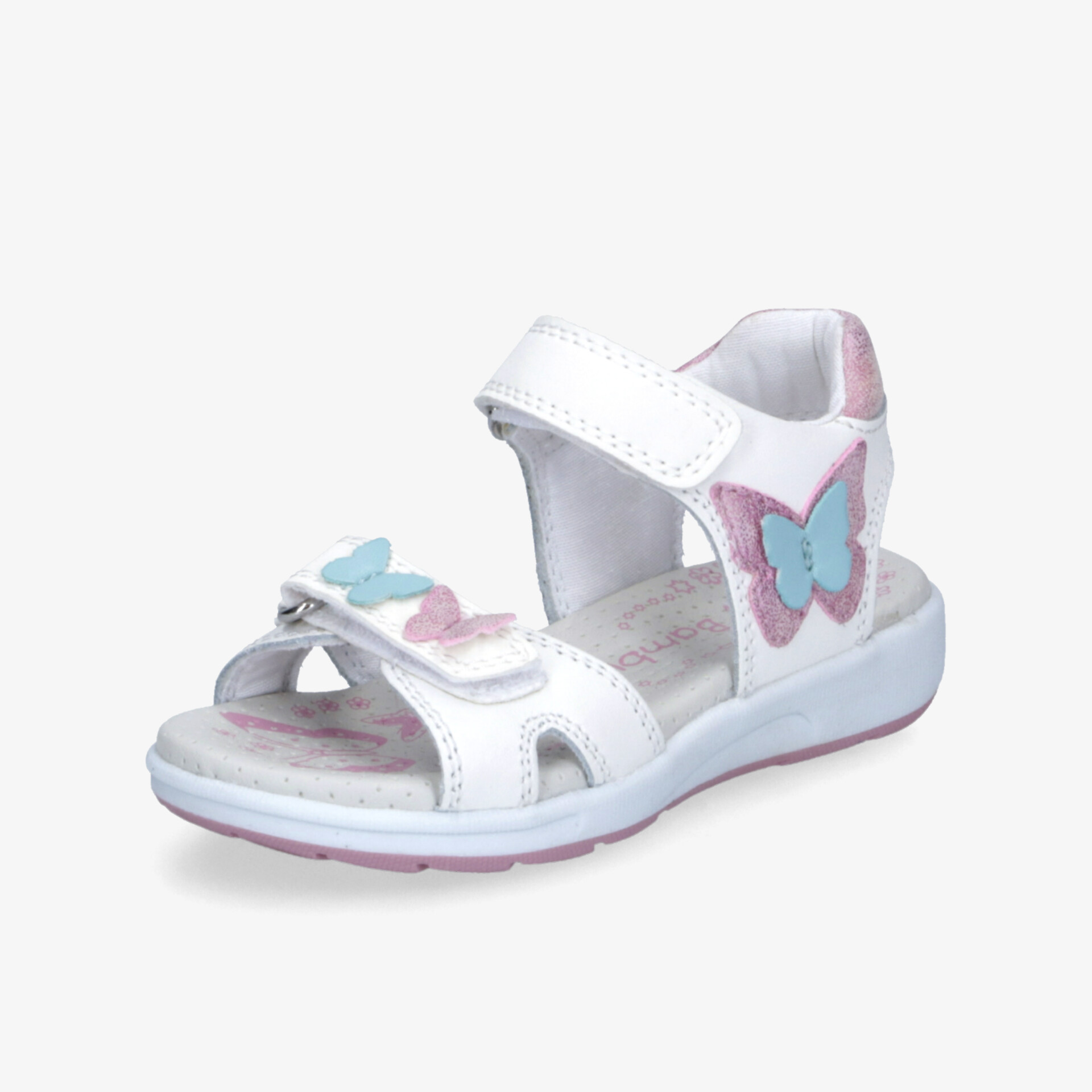 Leichte weiße Kindersandale mit bunten Schmetterlingsapplikationen und verstellbarem Klettverschluss für sicheren Halt