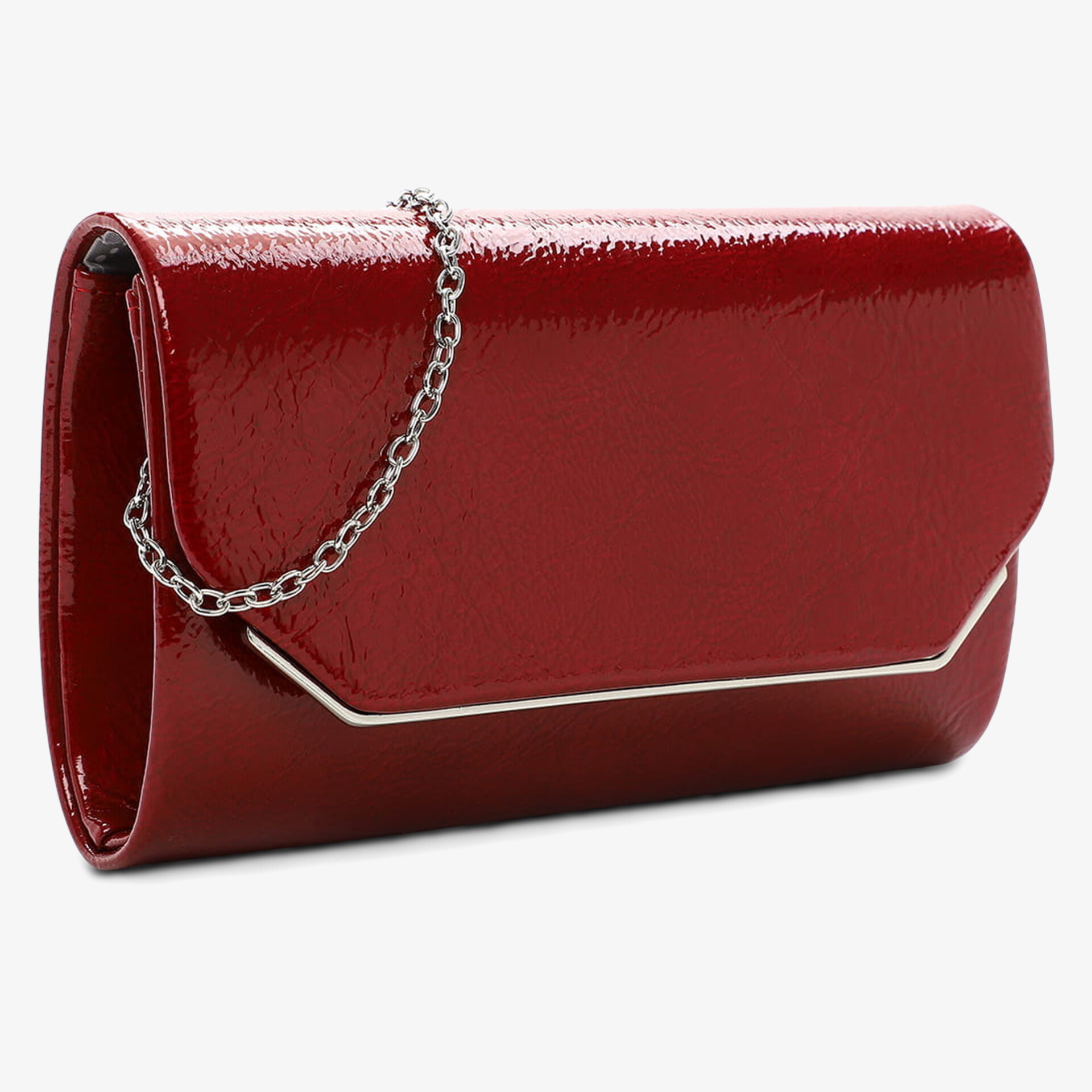 Elegante rote Lack-Clutch mit silberner Kette und strukturiertem, glänzendem Obermaterial, stilvoll und kompakt
