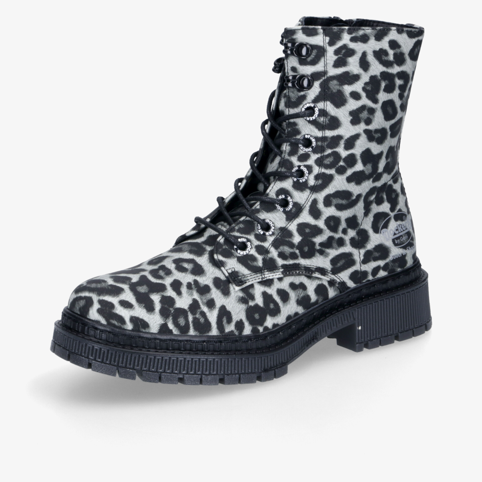 Modischer Stiefel mit Leopardenmuster, robustem Absatz und schnürbarem hohem Schaft, profillaufsohle