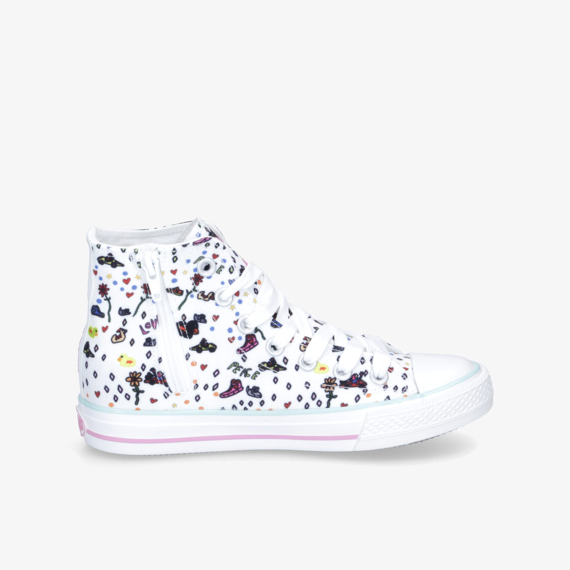 Weißer High-Top-Sneaker mit lebendigem Blumenmuster und robuster Sohle, ideal für einen stilvollen Auftritt.