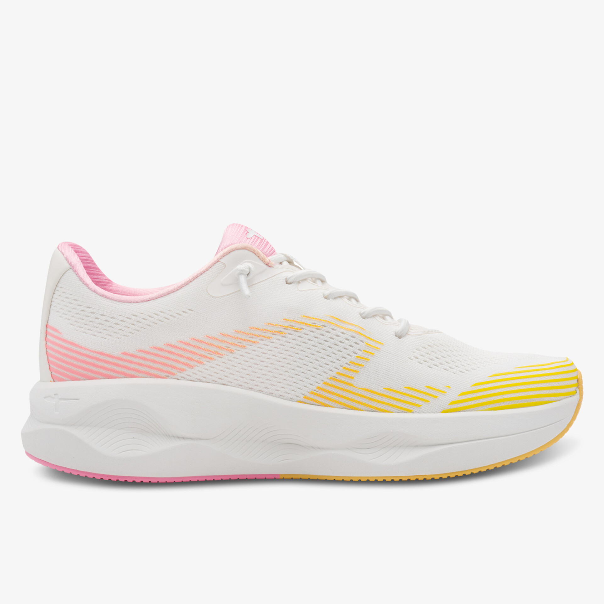 Leichter weißer Laufschuh mit pinken und gelben Akzenten, atmungsaktiv und komfortabel, seitliche Ansicht