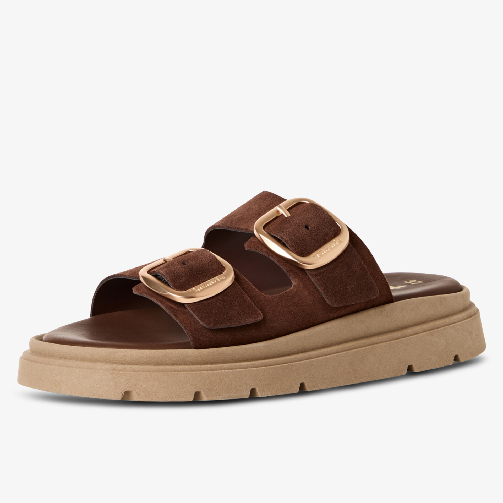 Bequeme braune Sandale mit zwei großen Schnallen und rutschfester flacher Sohle für den Sommer
