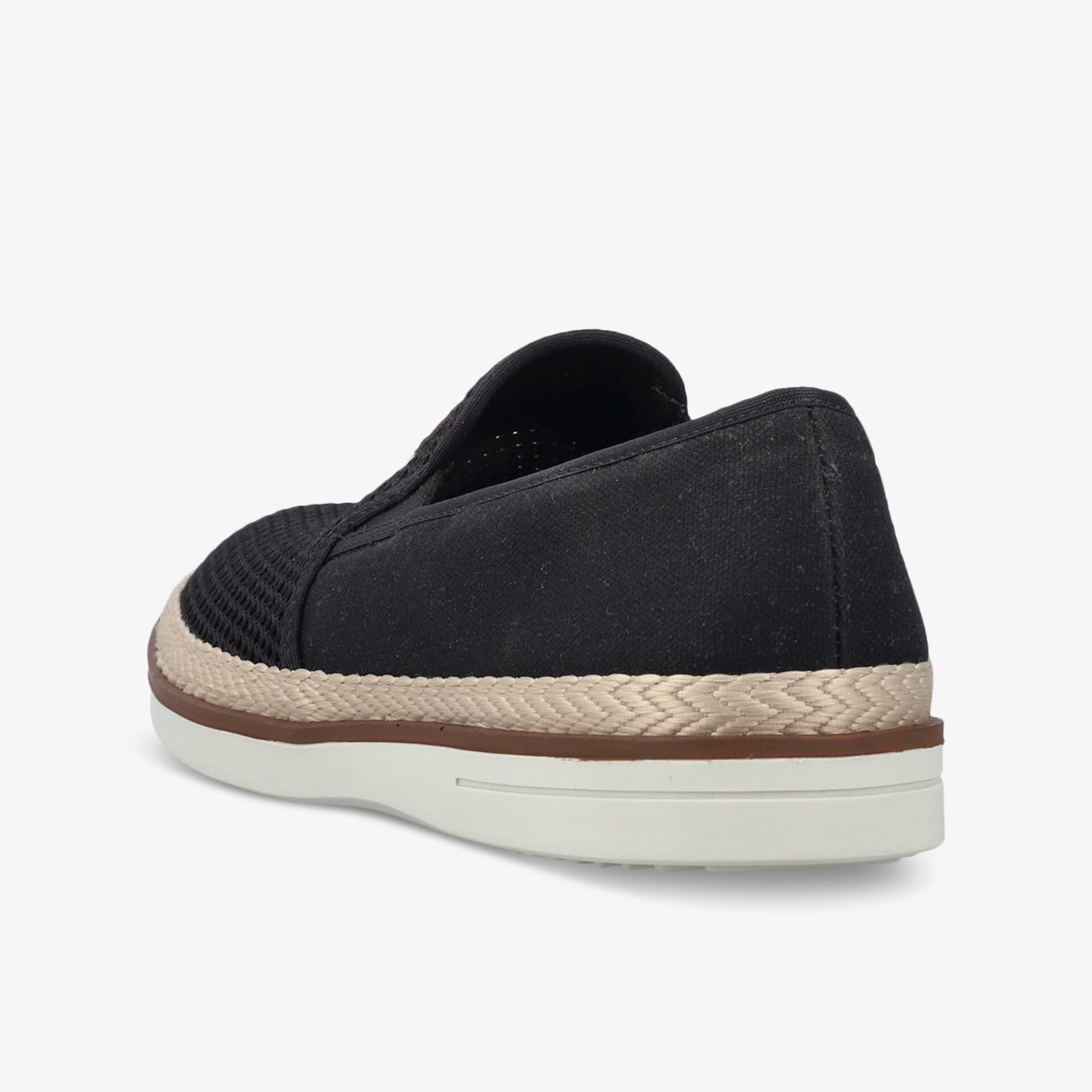 Seitliche Ansicht eines schwarzen, bequemen und leichten Slippers mit weißer Sohle und textileinsatz