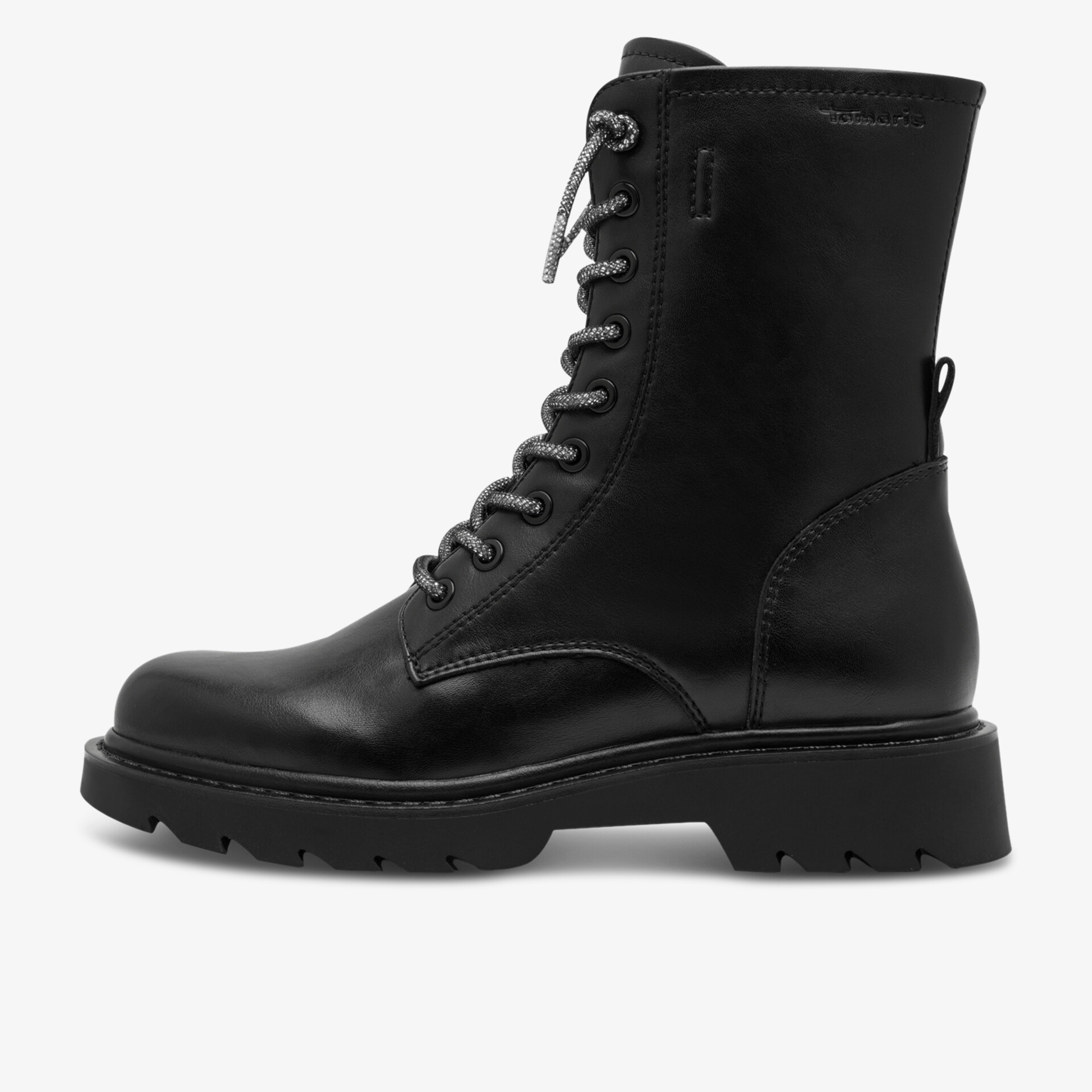 Schwarzer robuster Schnürstiefel aus Leder mit Plateau-Sohle für hohen Tragekomfort und modischen Look