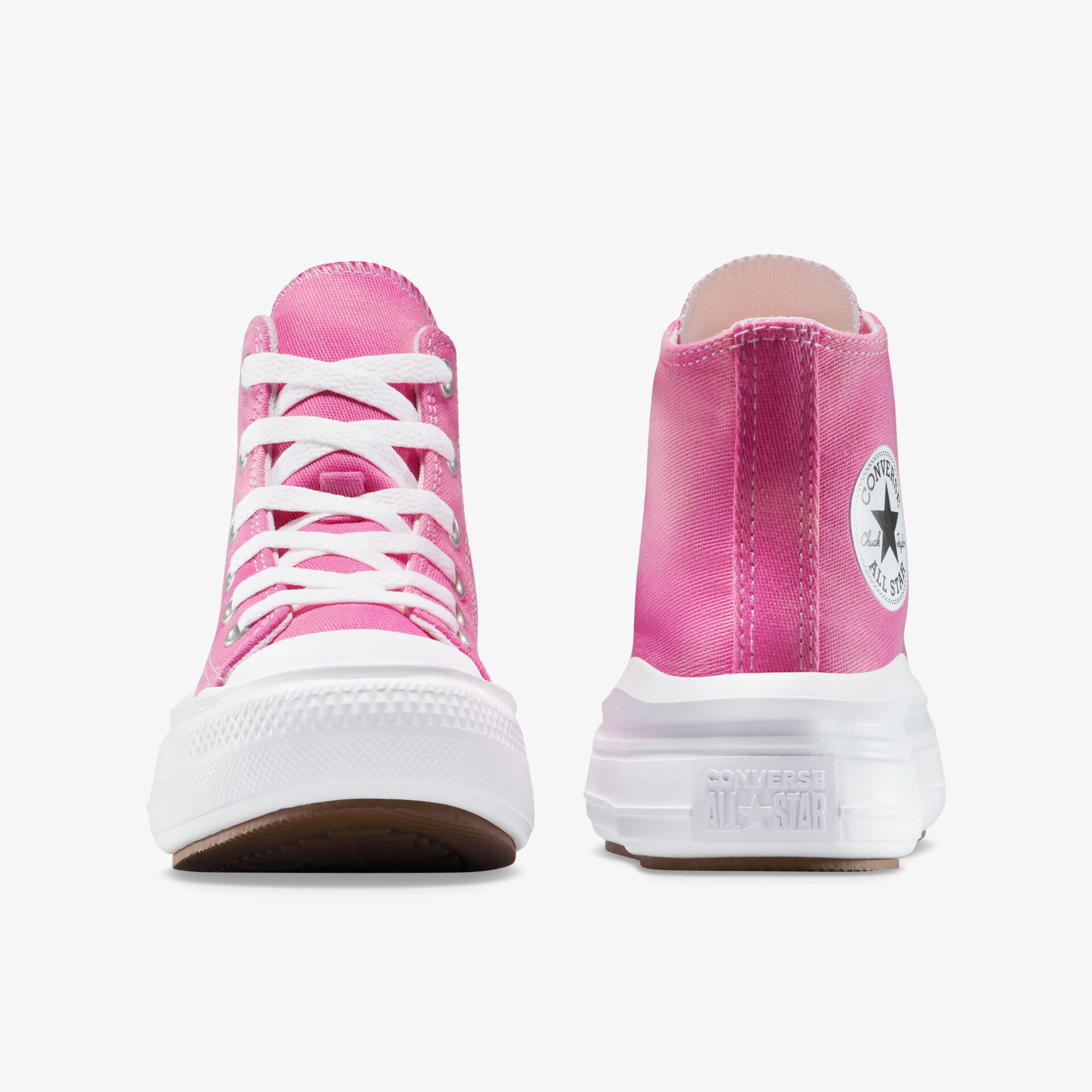 Front- und Rückansicht von pinkfarbenem High-Top Sneaker mit weißer Sohle und Schnürung, schlicht und modern.