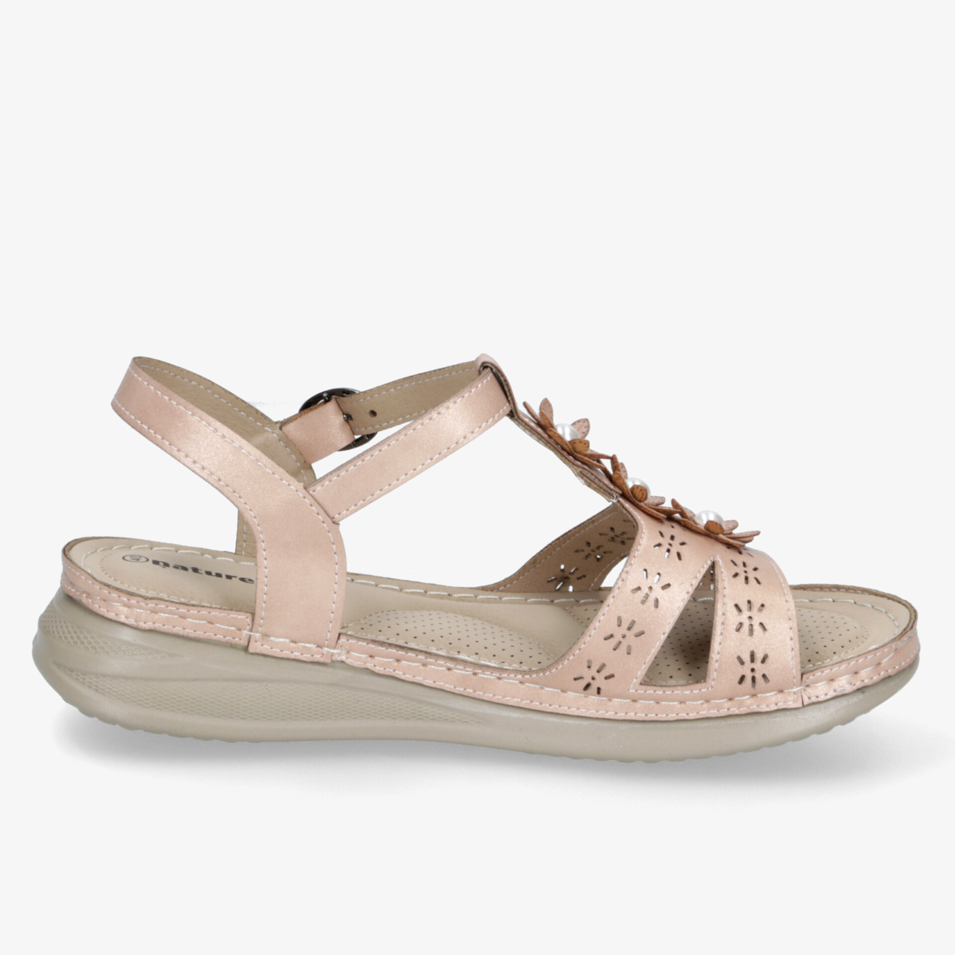 Bequeme Sandalette in Rosé mit floralem Design, verstellbarem Riemen und flexibler, gepolsterter Sohle seitlich dargestellt