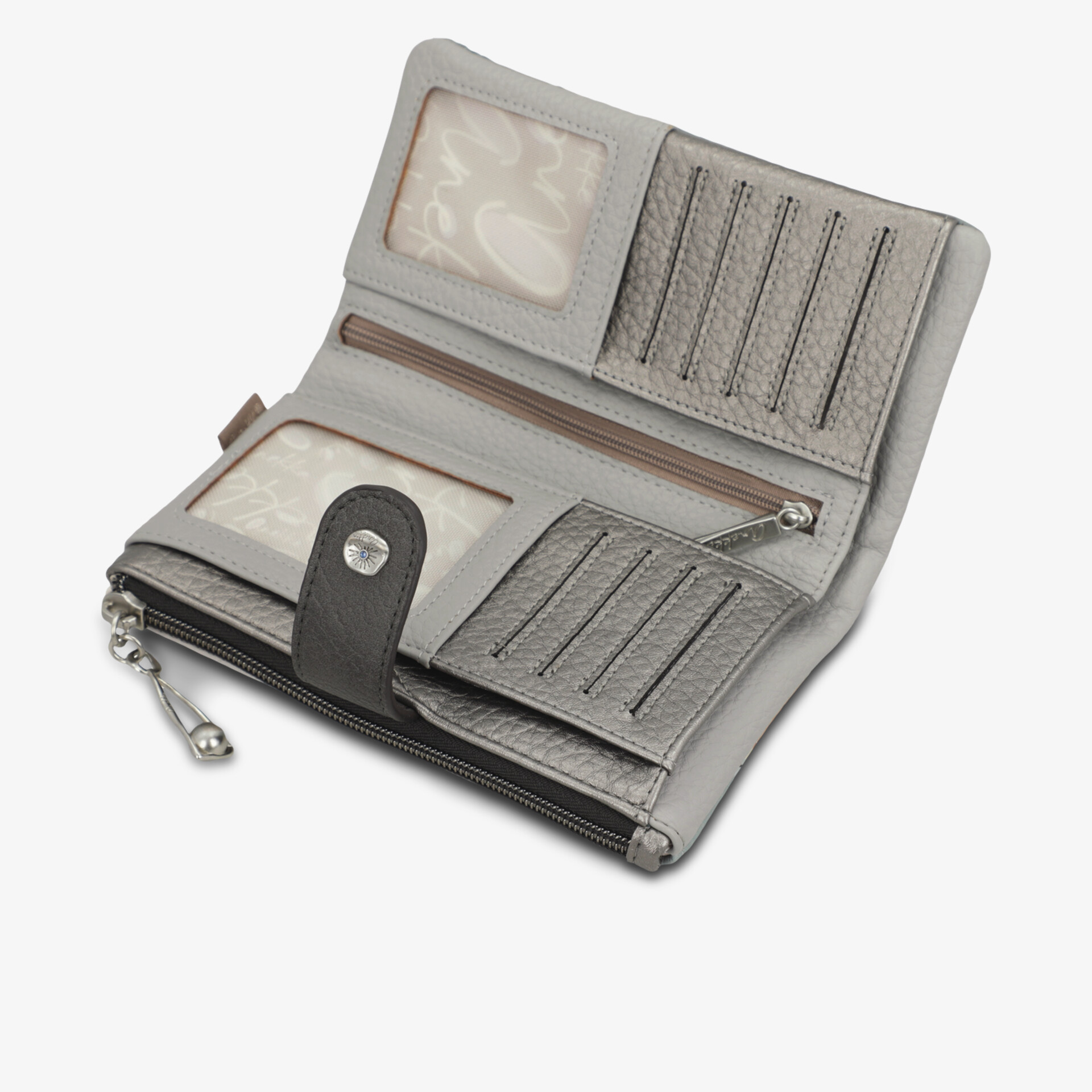 Offenes Portemonnaie mit zahlreichen Kartenfächern, Reißverschlussfach und praktischem Kompaktformat