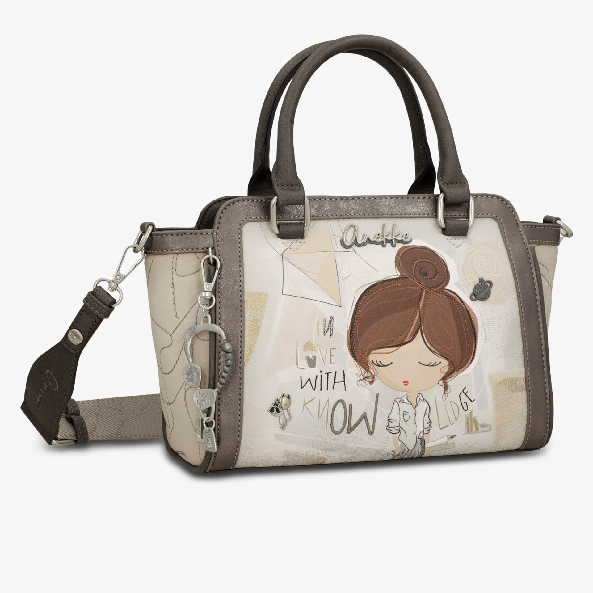 Stilvolle kompakte Handtasche mit dekorativem Motiv, Tragegriff und abnehmbarem Schulterriemen