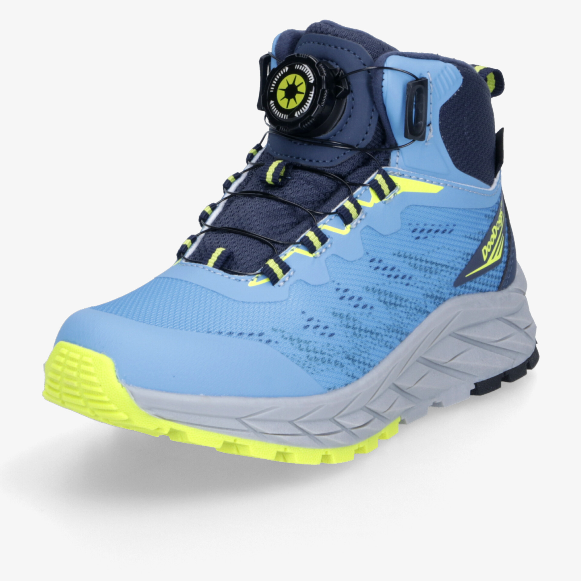 Blauer sportlicher Wanderschuh mit leichter, gedämpfter Sohle und schnellem Verschlusssystem, ideal für Outdooraktivitäten