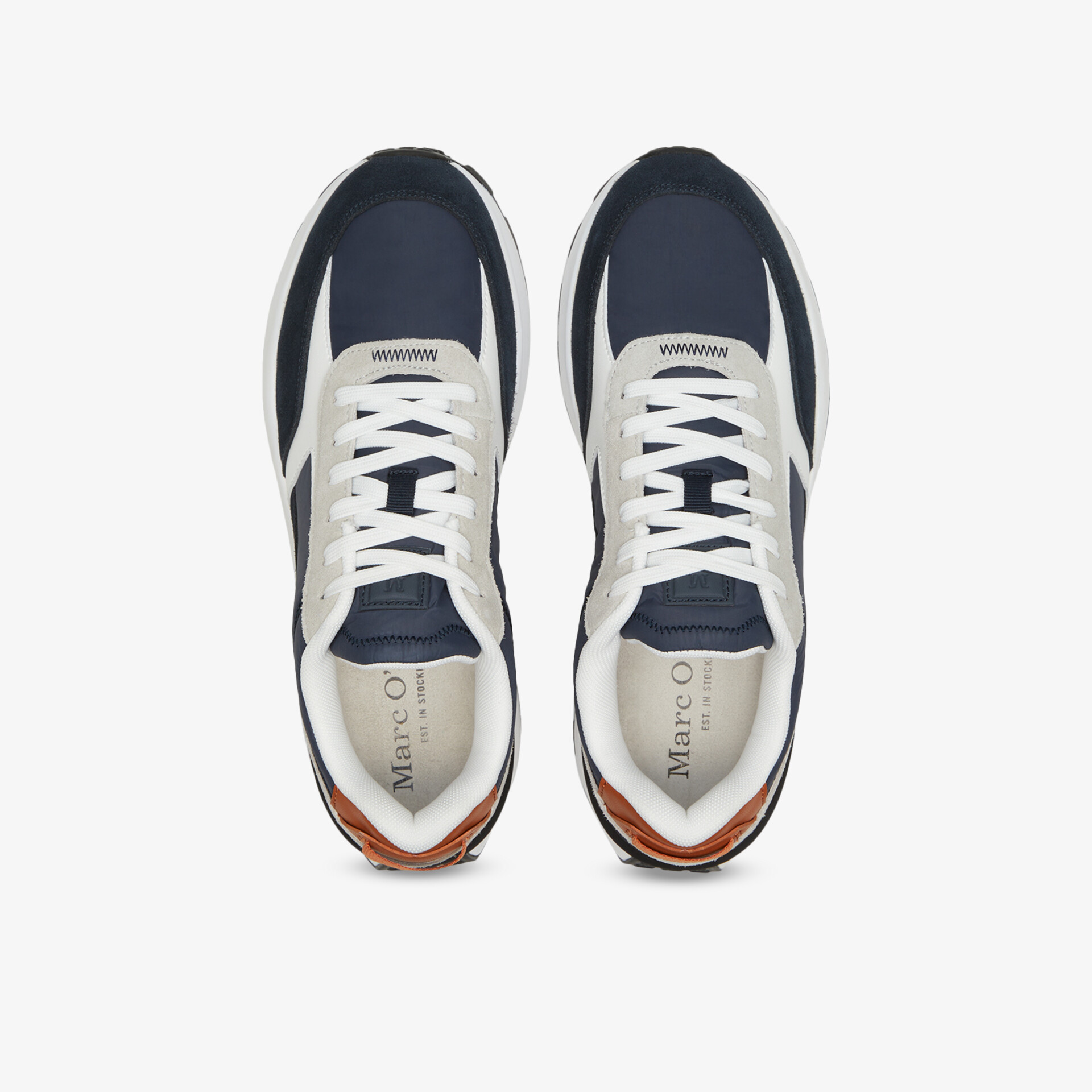 Moderne dunkelblaue und weiße Sneaker mit sportlichem Design, bequem und vielseitig einsetzbar.