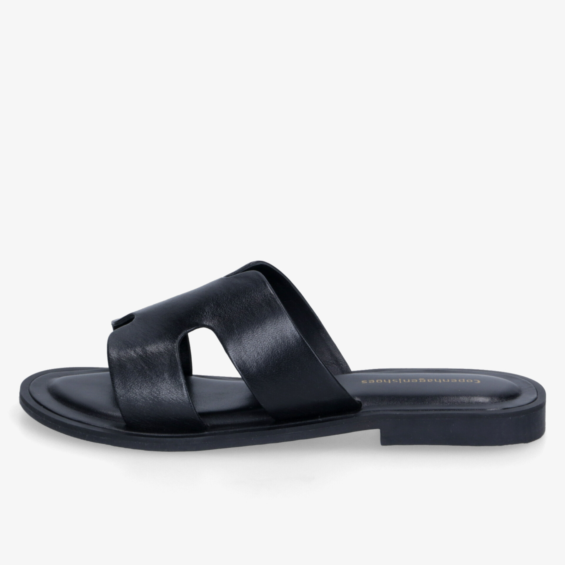 Schwarzer Lederslipper mit offener Vorderseite und flacher Sohle für hohen Tragekomfort und modernen Stil