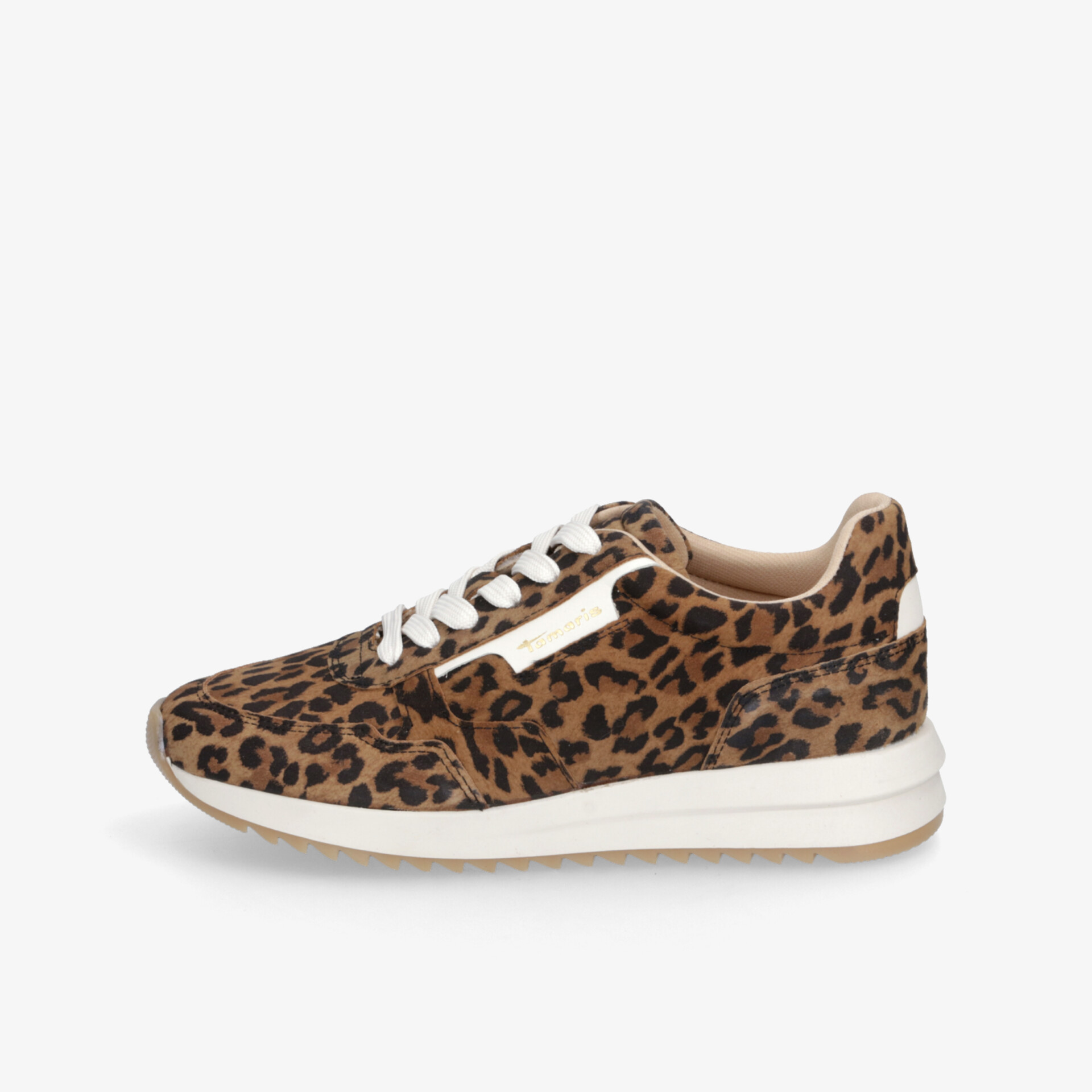 Seitliche Ansicht von bequemem, leichtem Schuh mit modischem Leopardmuster und weißer Sohle