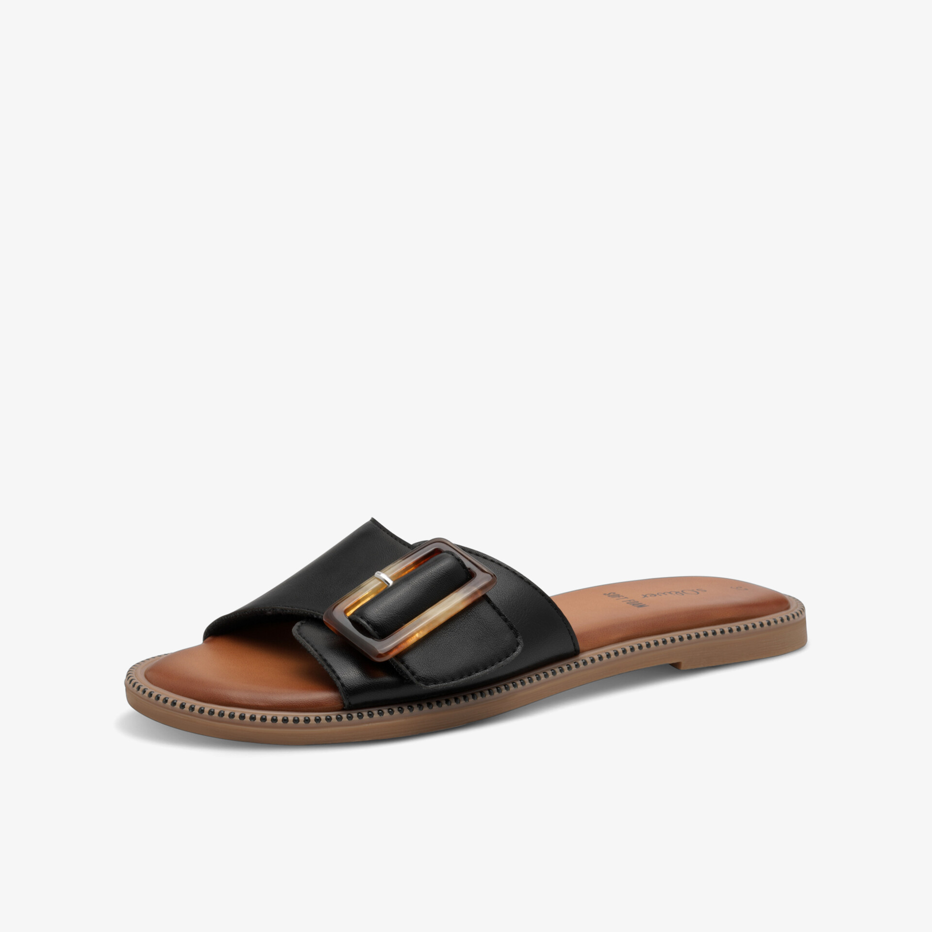 Schwarzer Lederslider mit robuster Schnalle und flacher Sohle für bequemen, modischen Tragekomfort.