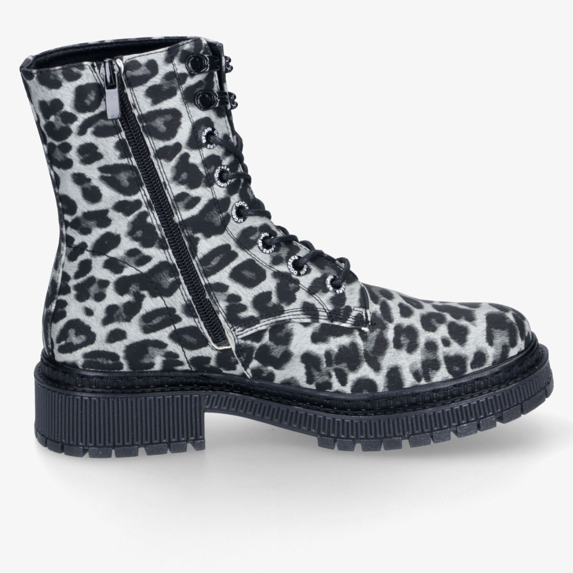 Robuster Stiefel mit markantem Leopardenmuster, praktischer Schnürung und Reißverschluss, profiliert und komfortabel