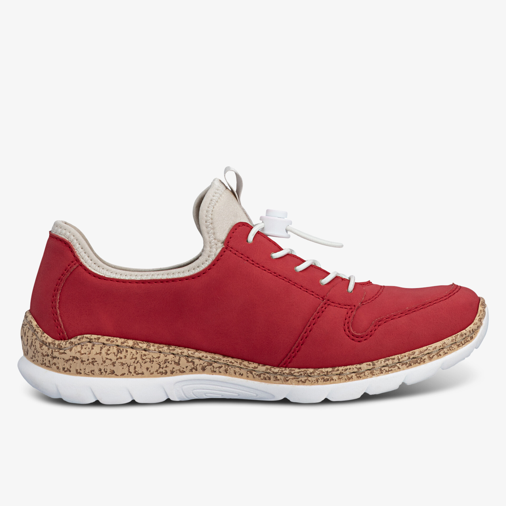 Roter Freizeitschuh mit weißer Sohle und Korkdetails, ideal für Komfort und Stil.