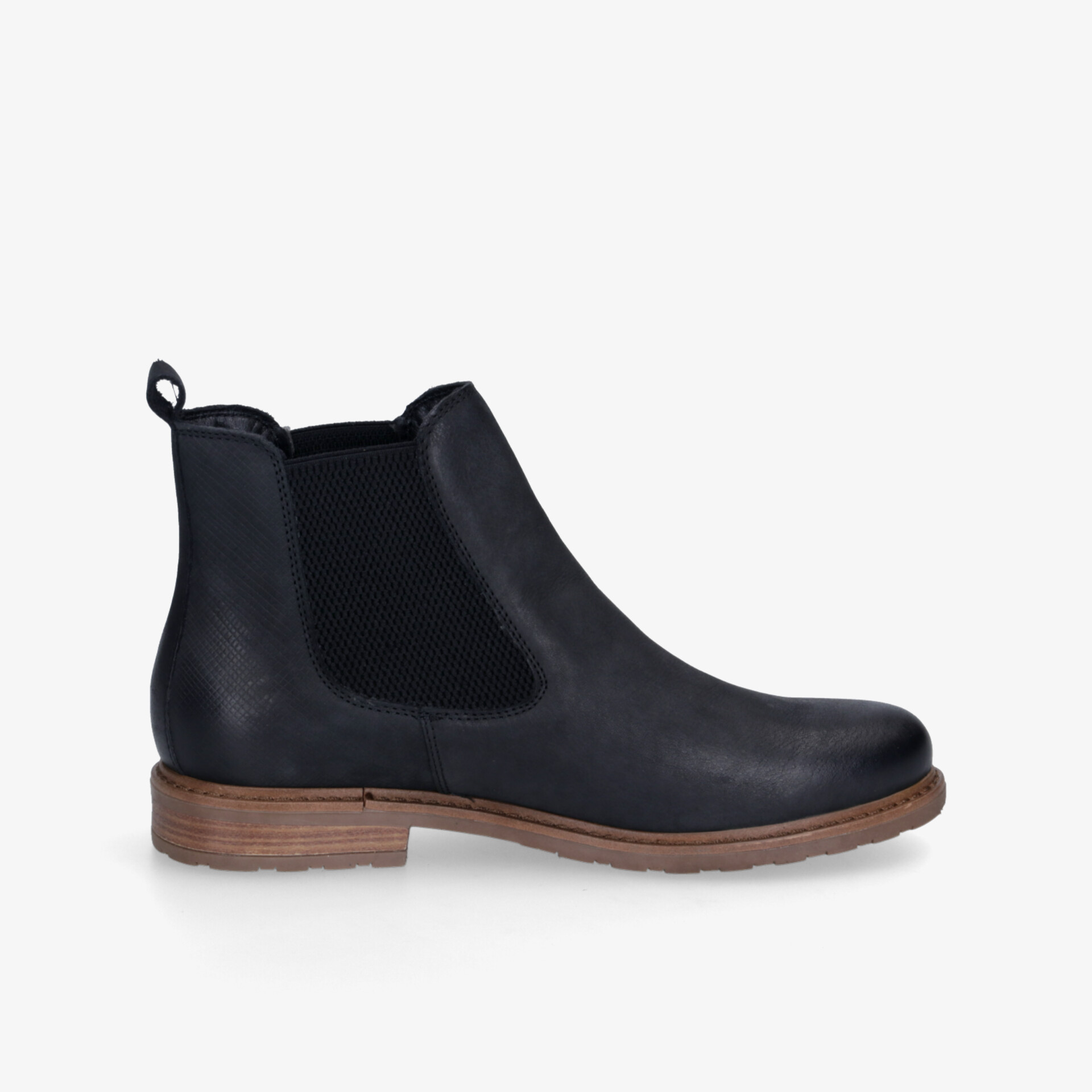 Elegante schwarze Lederstiefelette mit brauner Sohle, klassisches Design für vielseitige Anlässe.