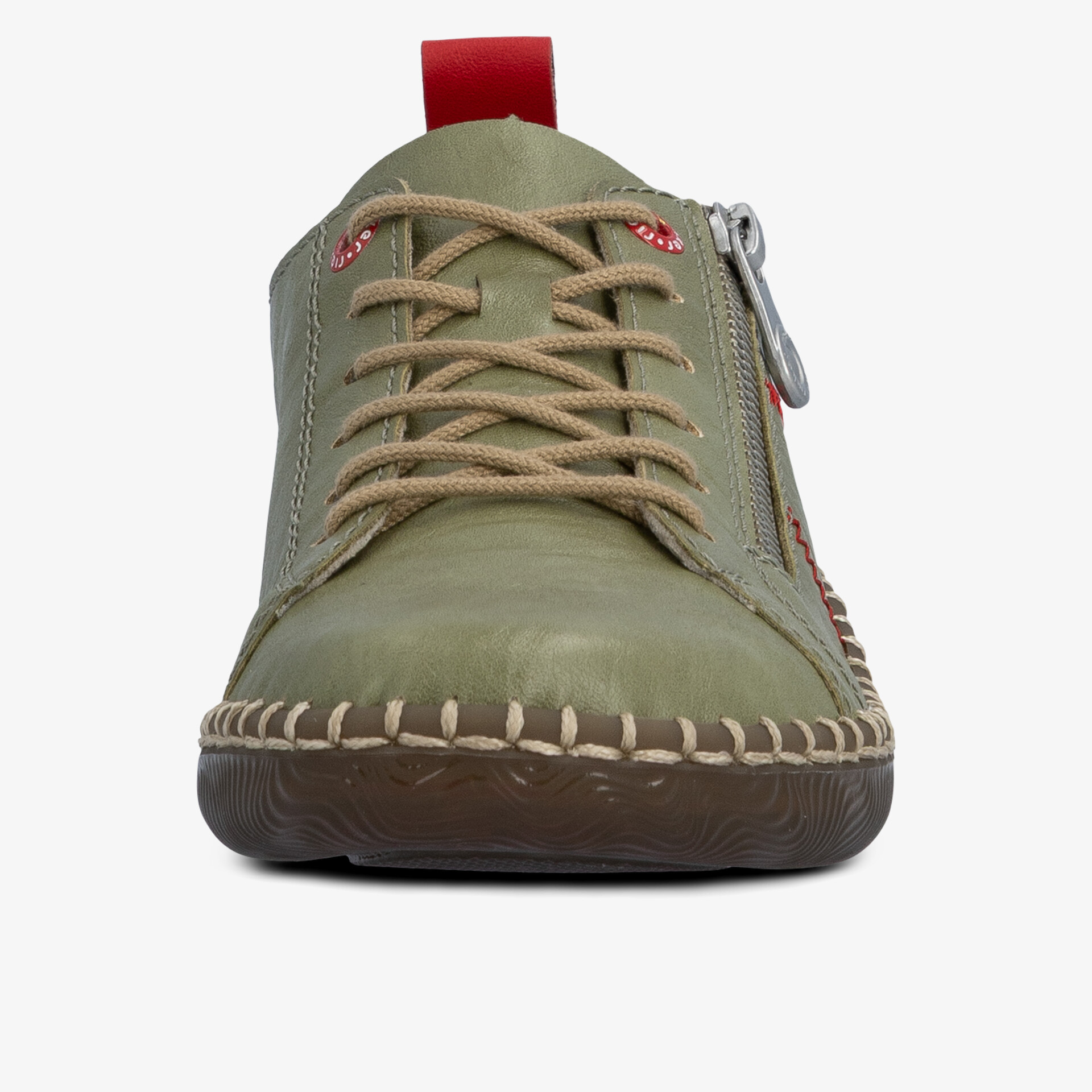 Robuster und bequemer Schuh mit stylischer Schnürung und praktischem Reißverschluss frontal sichtbar