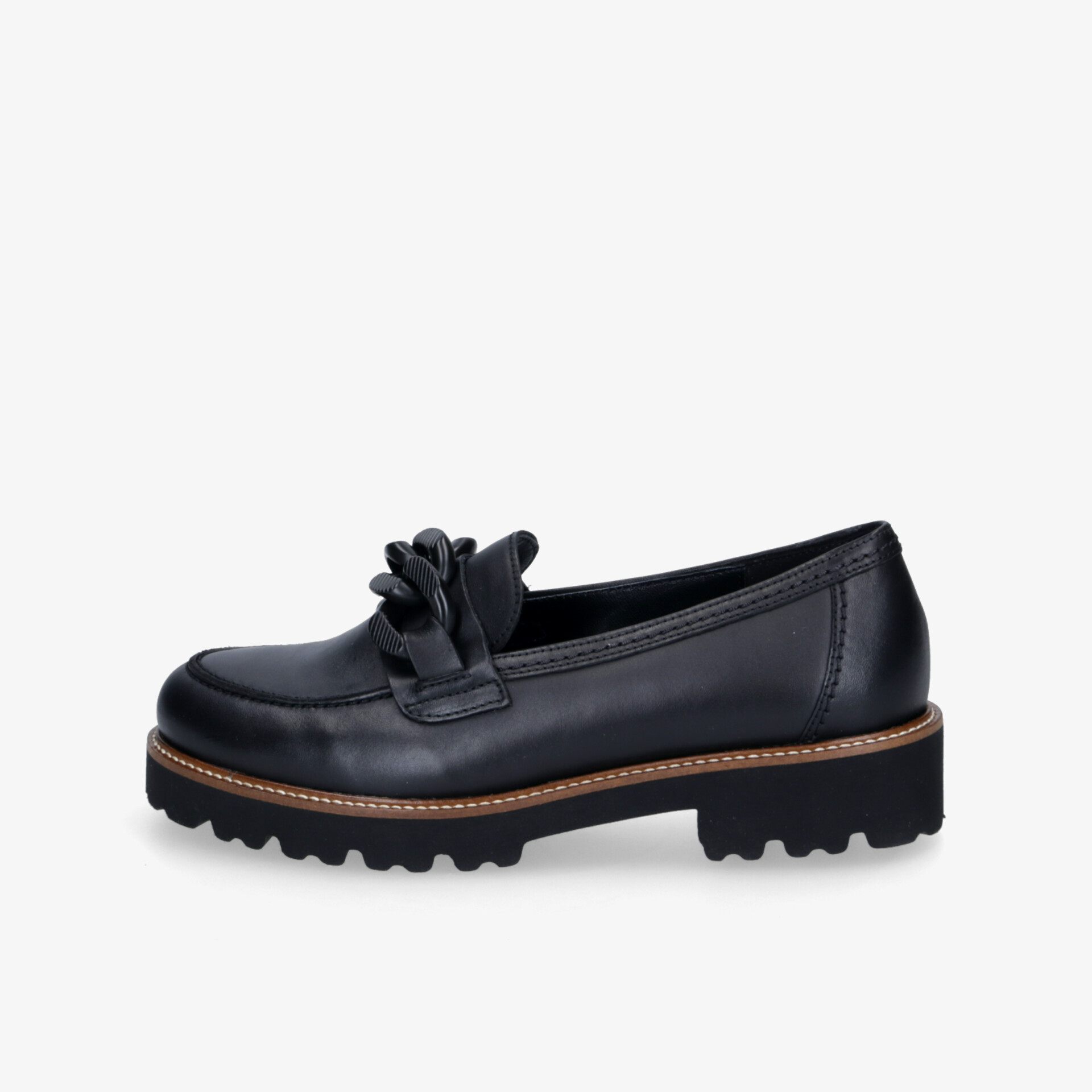 Schwarzer Lederschuh mit robuster, profilierter Sohle, bequemer Passform und eleganter Schleifendetail