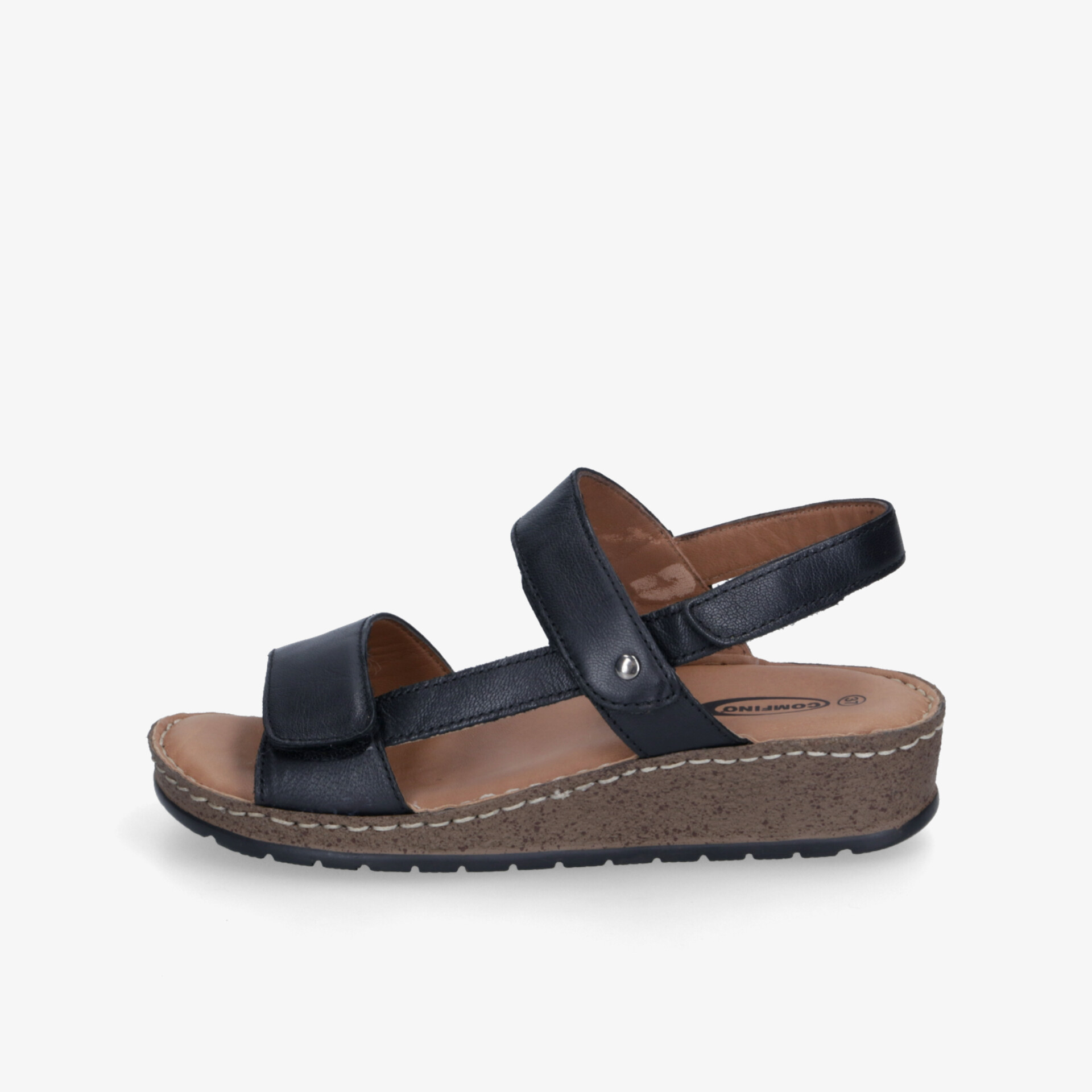 Schwarze Sandalette mit gepolstertem Fußbett, verstellbarem Riemen und rutschfester Keilabsatzsohle