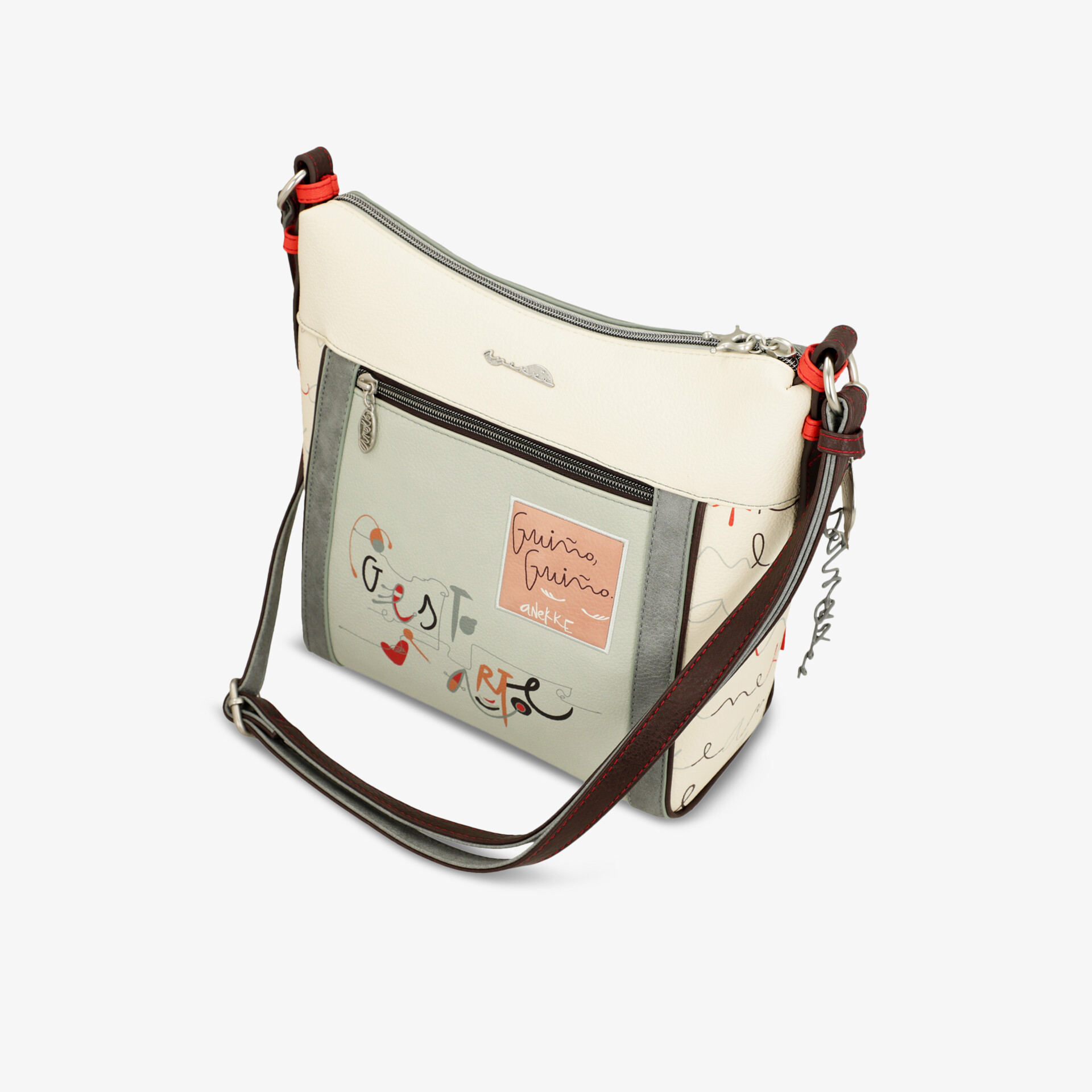 Moderne kompakte Umhängetasche in Creme und Grau mit Reißverschluss und verstellbarem Schulterriemen