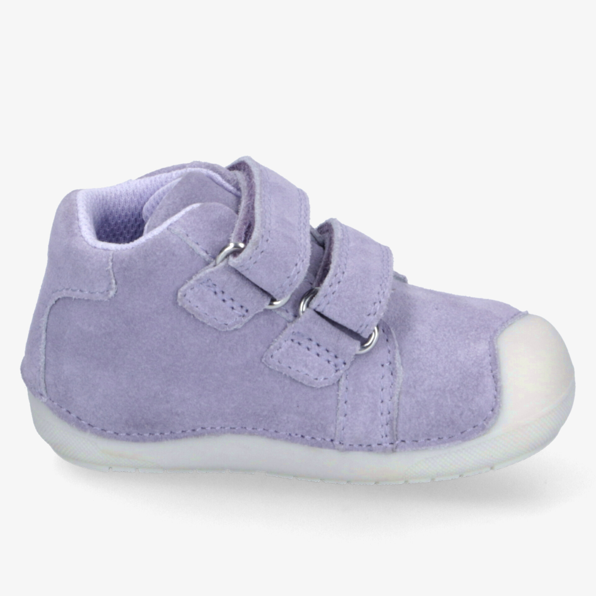 Lila Kinderschuh mit Klettverschluss und weicher Sohle, perfekt für komfortables Tragen.