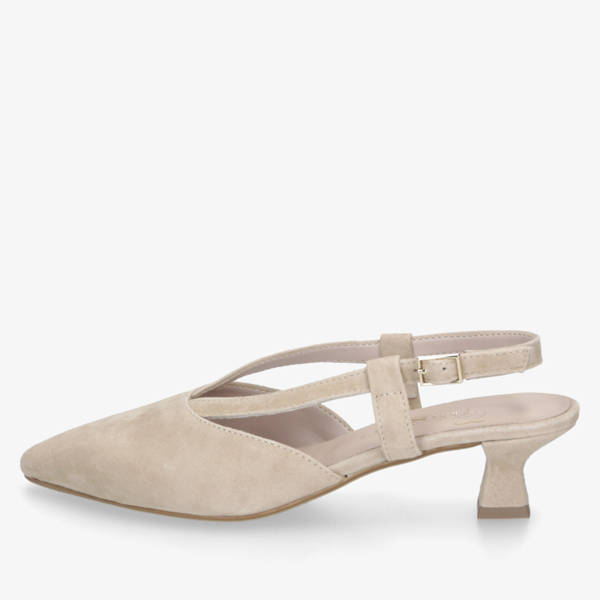 Beiger spitz zulaufender Slipper mit niedrigem Absatz und verstellbarem Riemen, elegant und bequem