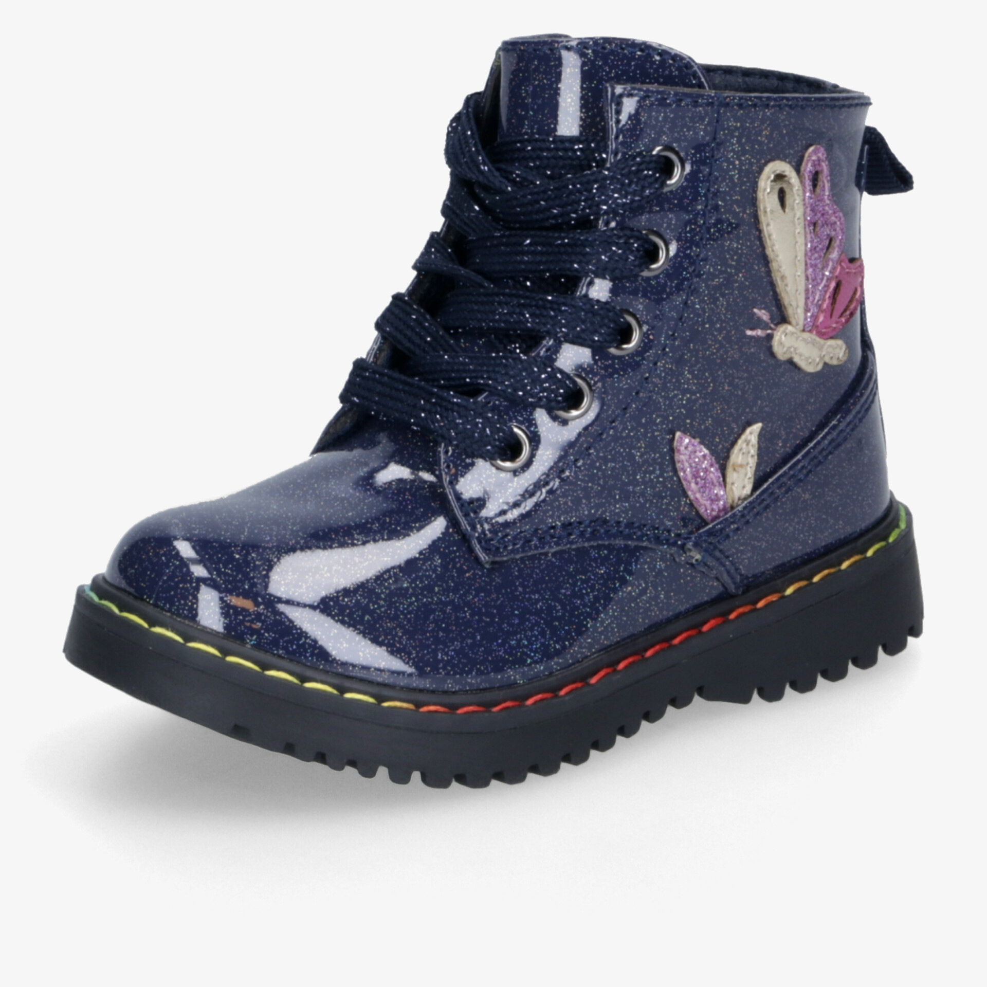Glänzender blauer Kinderstiefel mit buntem Schmetterlingsmotiv und profilierter Sohle, bequem geschnürt und robust