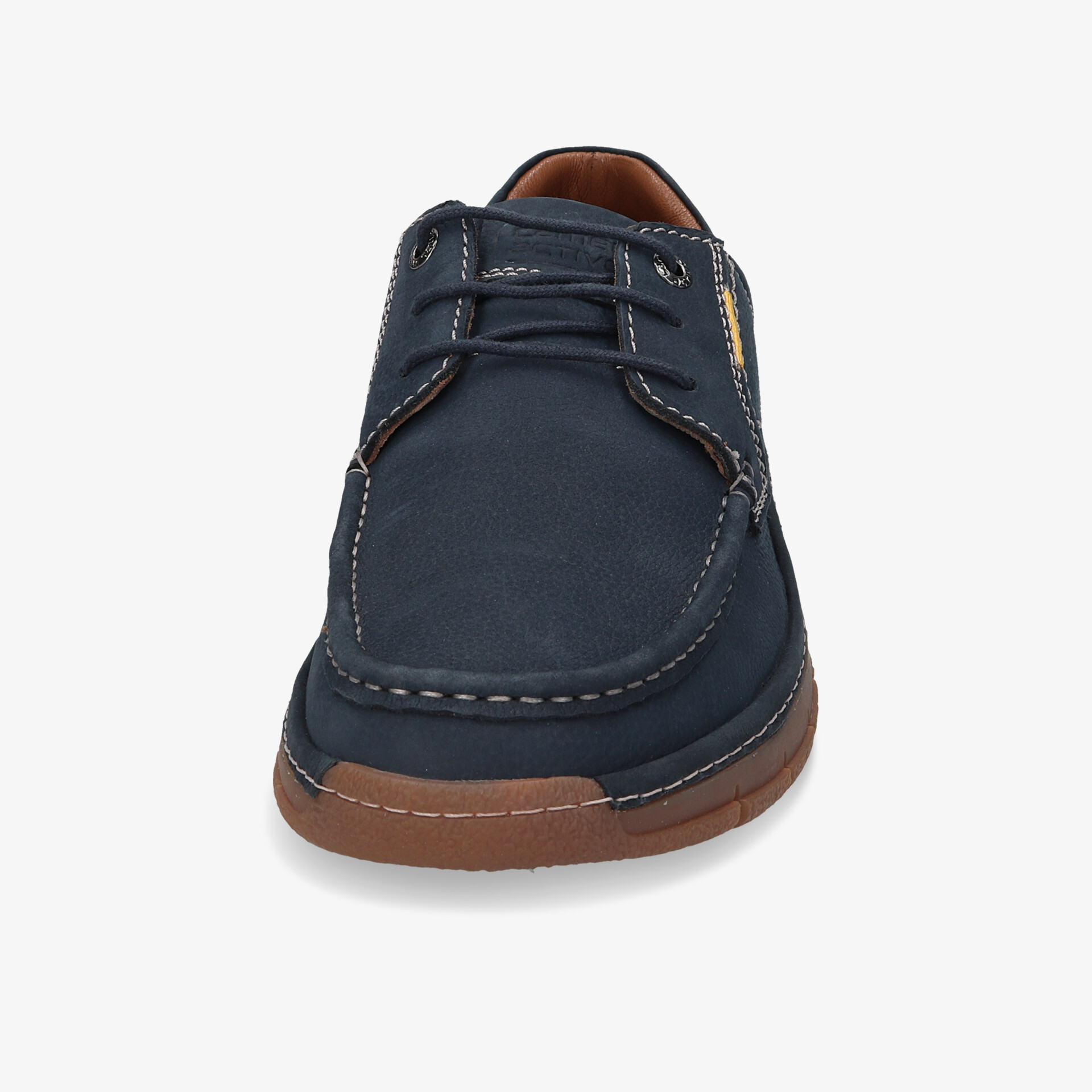 Komfortabler dunkelblauer Halbschuh mit robuster brauner Sohle und eleganter Naht vorne frontal sichtbar