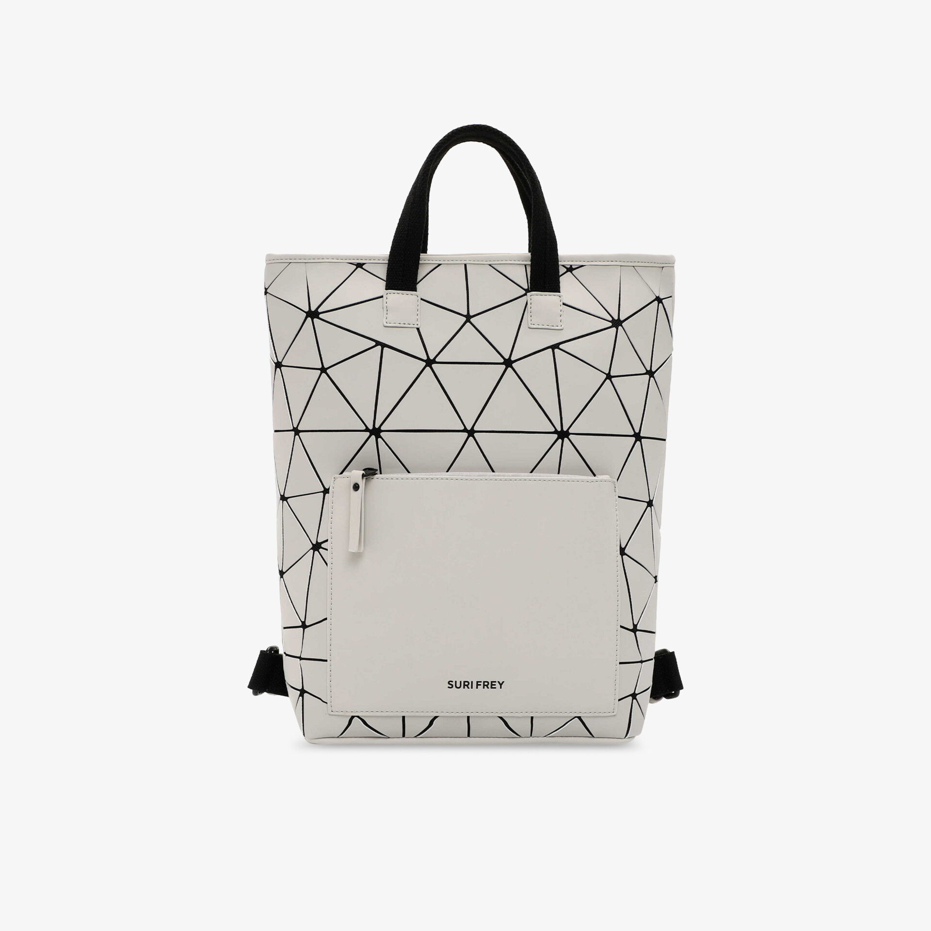 Moderner weißer Rucksack mit schwarzem geometrischem Dreiecksprint und praktischer Fronttasche, Frontansicht