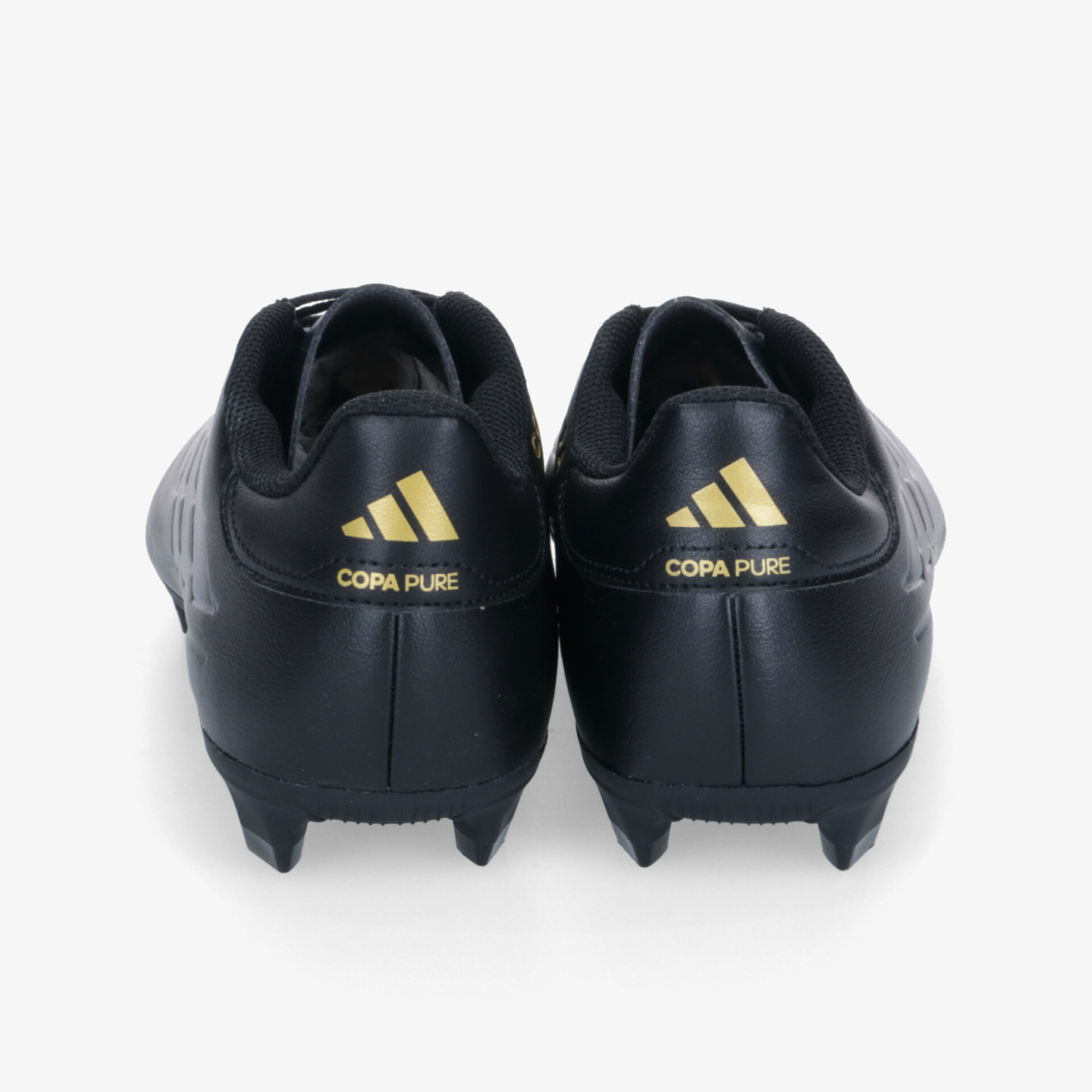 Hochwertige schwarze Fußballschuhe mit goldfarbenem Logo, rutschfeste Nocken und stabiler Fersenpartie, Paaransicht