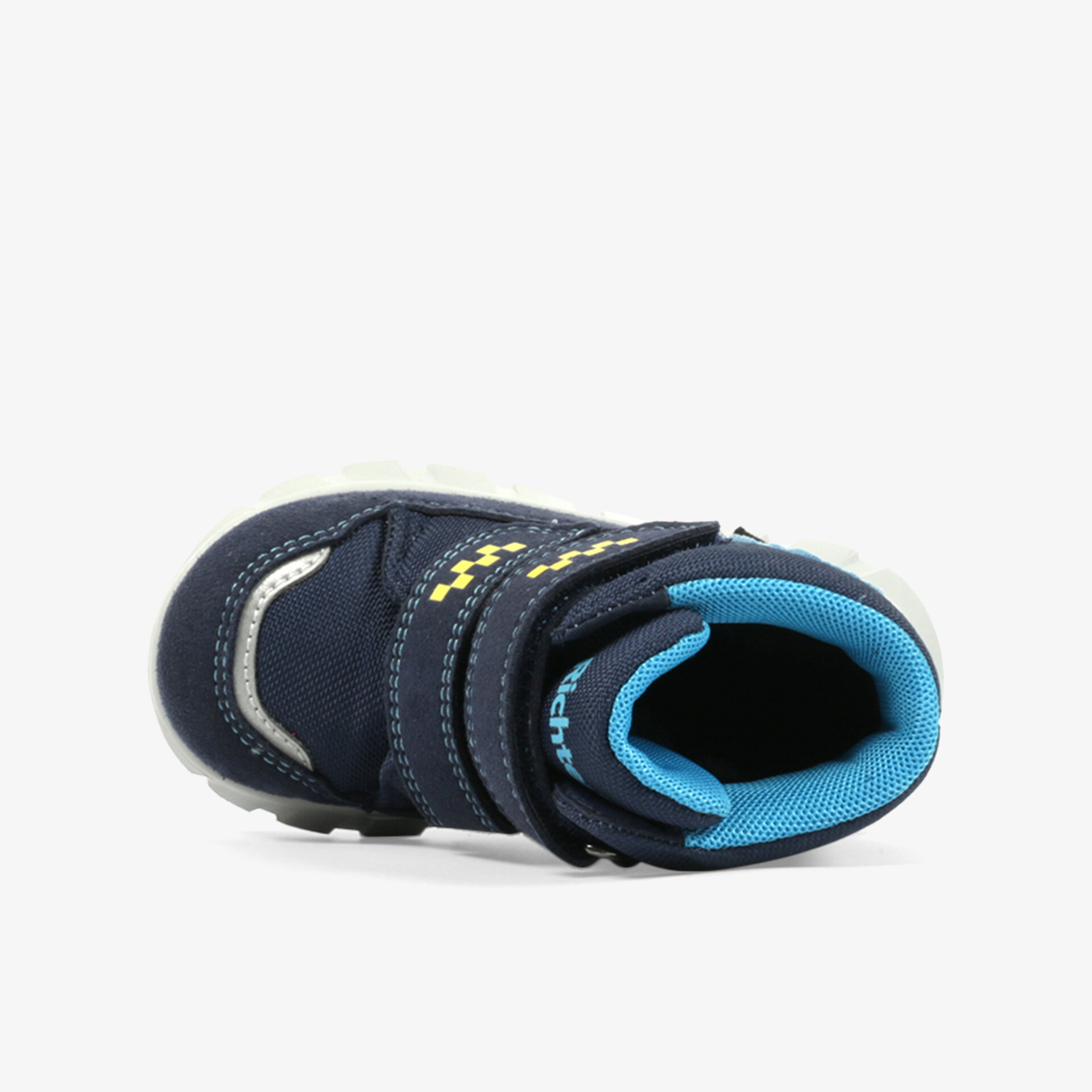 Sportlicher schwarzer und blauer Schuh, atmungsaktiv und gepolstert, rutschfeste Sohle sichtbar, Draufsicht