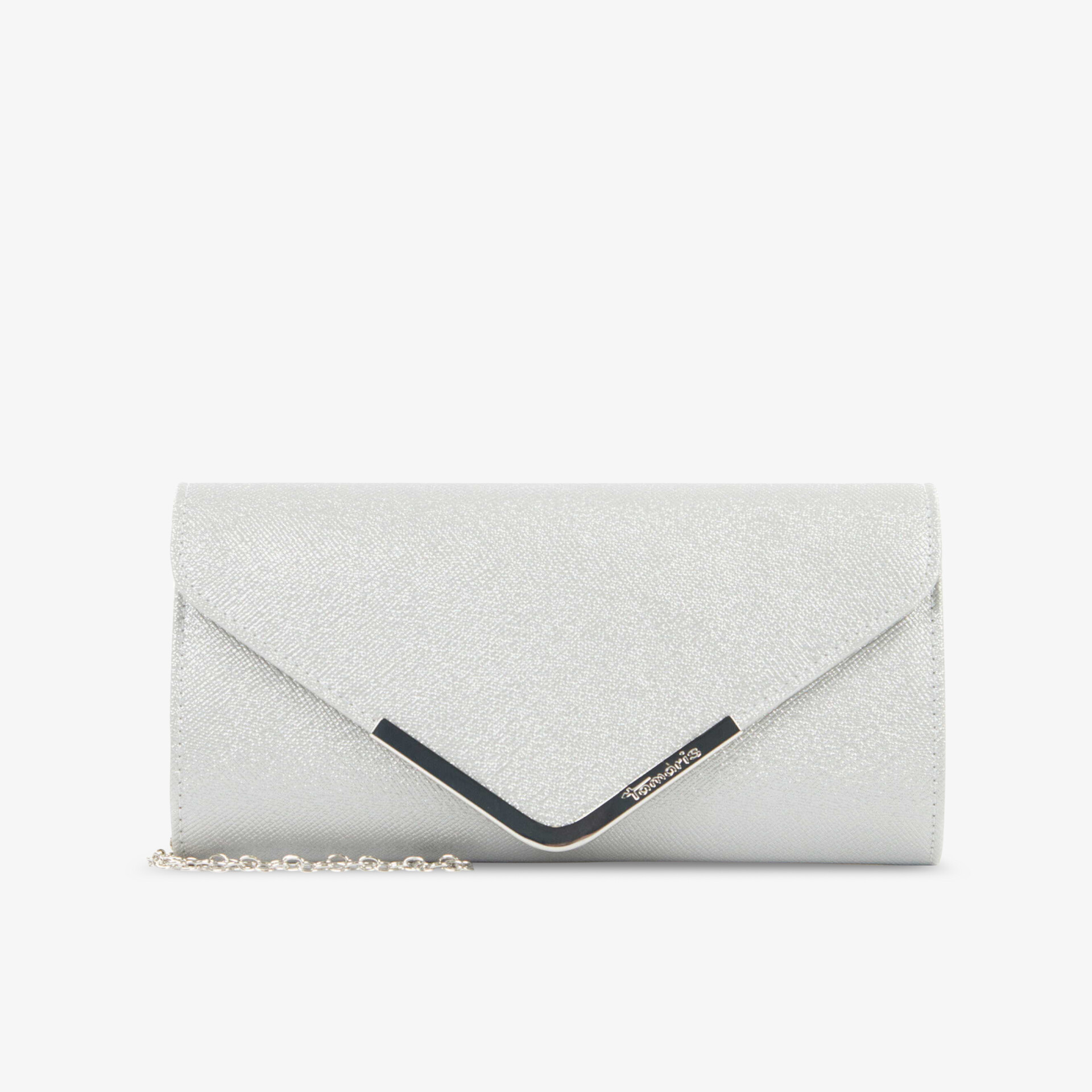 Elegante silberne Clutch mit metallischem Detail, ideal für besondere Anlässe und stilvolle Abende.