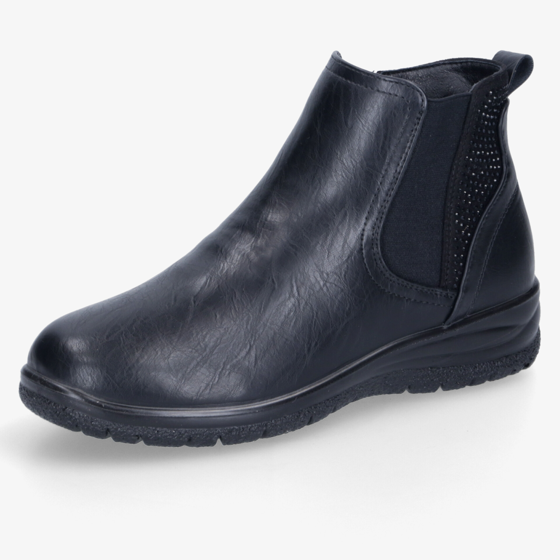 Schwarzer Chelsea Boot mit komfortabler Passform und elastischen Einsätzen, seitliche Ansicht