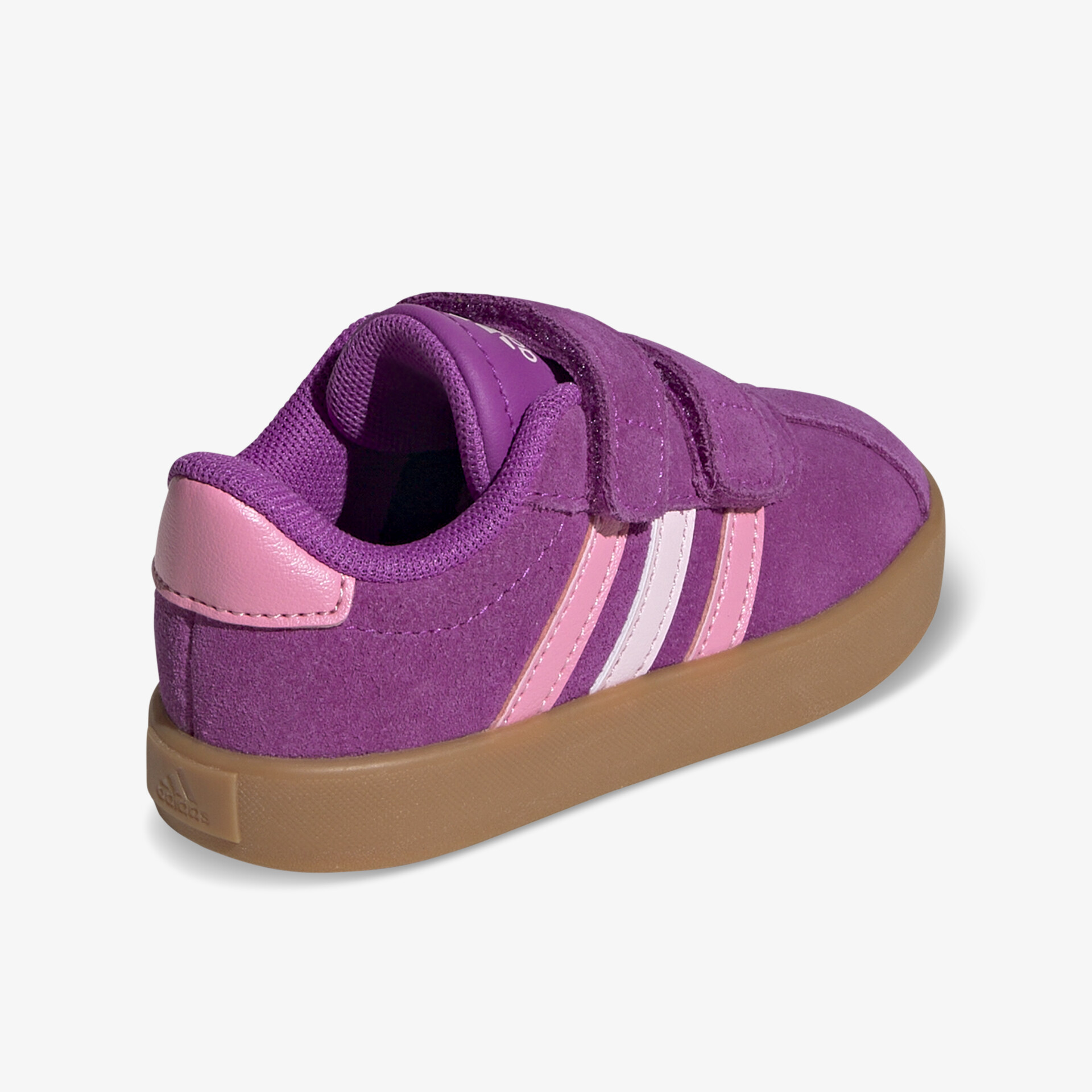 Leichter und bequemer Kinderschuh in Lila mit rosa Streifen und praktischem Klettverschluss, rutschfeste Sohle