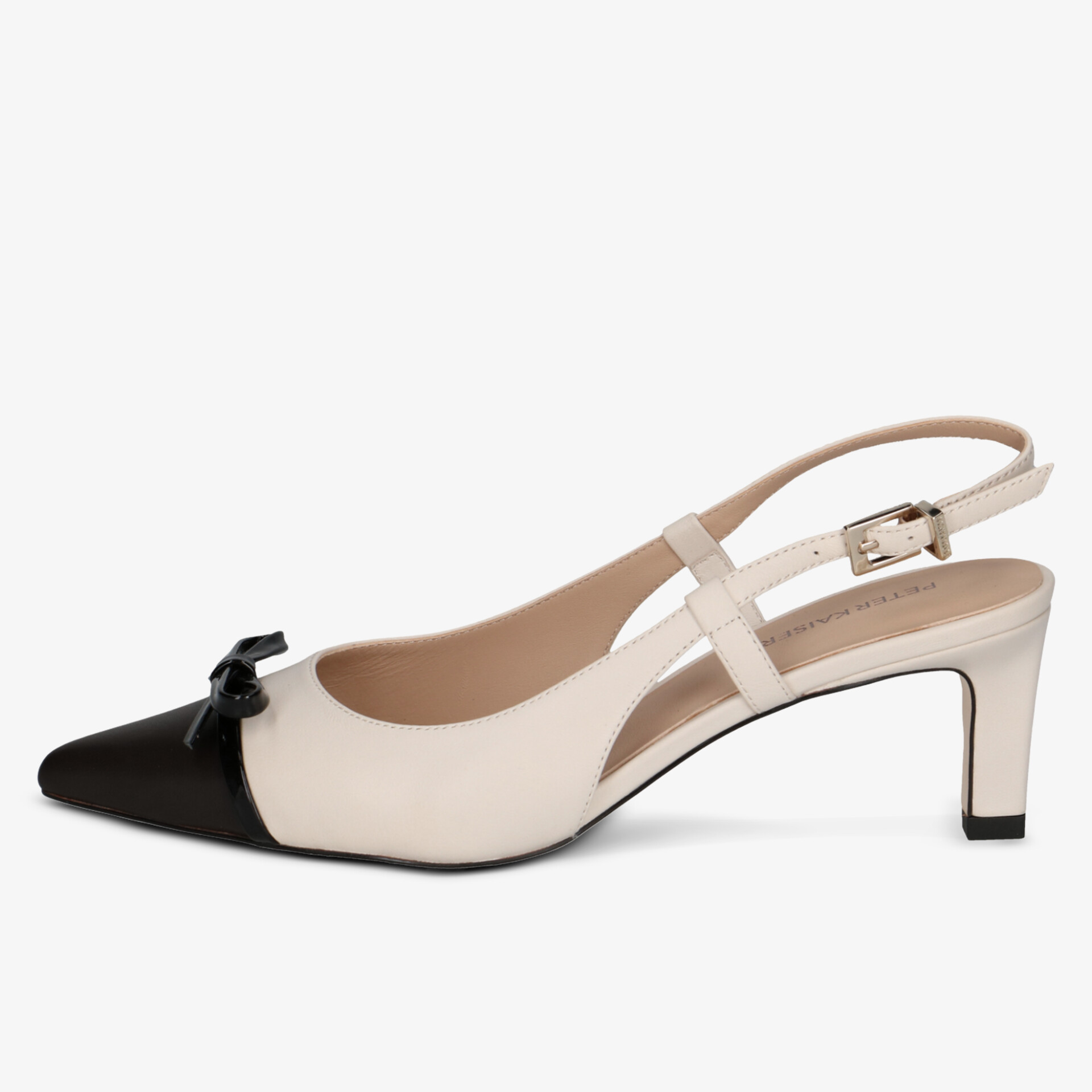 Eleganter Slingback Schuh mit spitzem Zeh, zweifarbigem Design und mittelhohem Absatz mit Schleifendetail