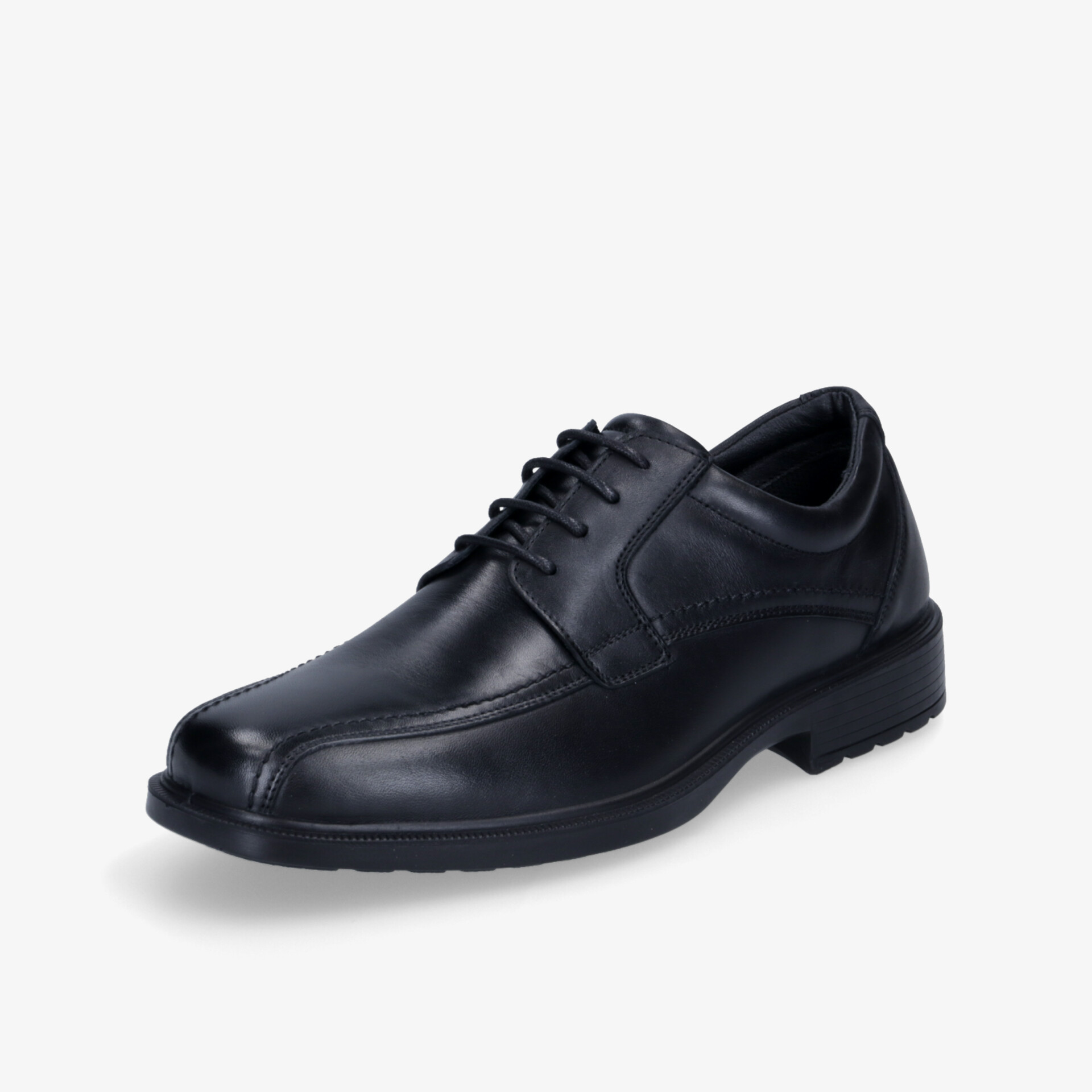 Eleganter schwarzer Lederschuh mit Schnürung und robuster Sohle, ideal für formelle Anlässe.