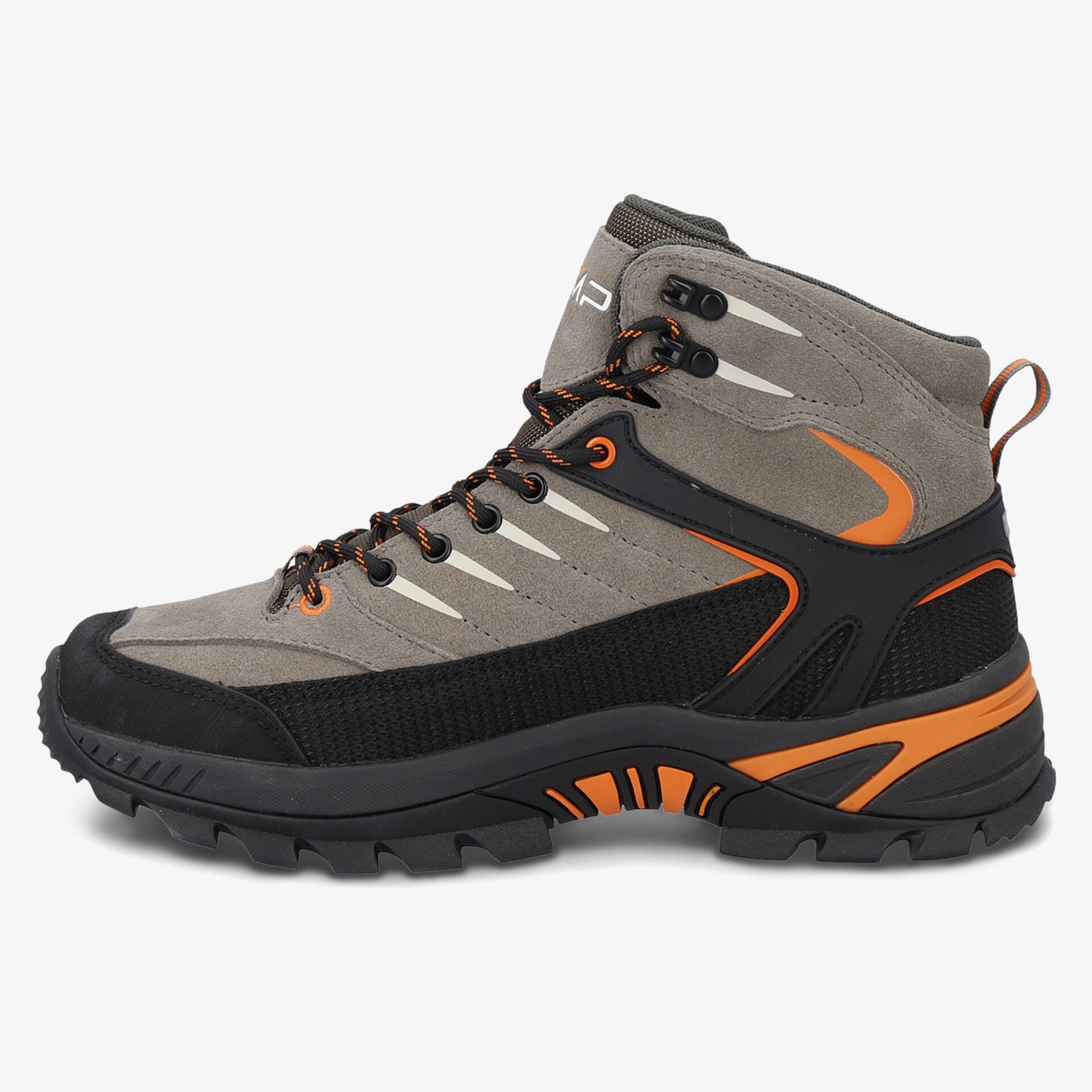 Robuster Wanderstiefel in grau und orange mit Wasserabweisung und hoher Rutschfestigkeit.