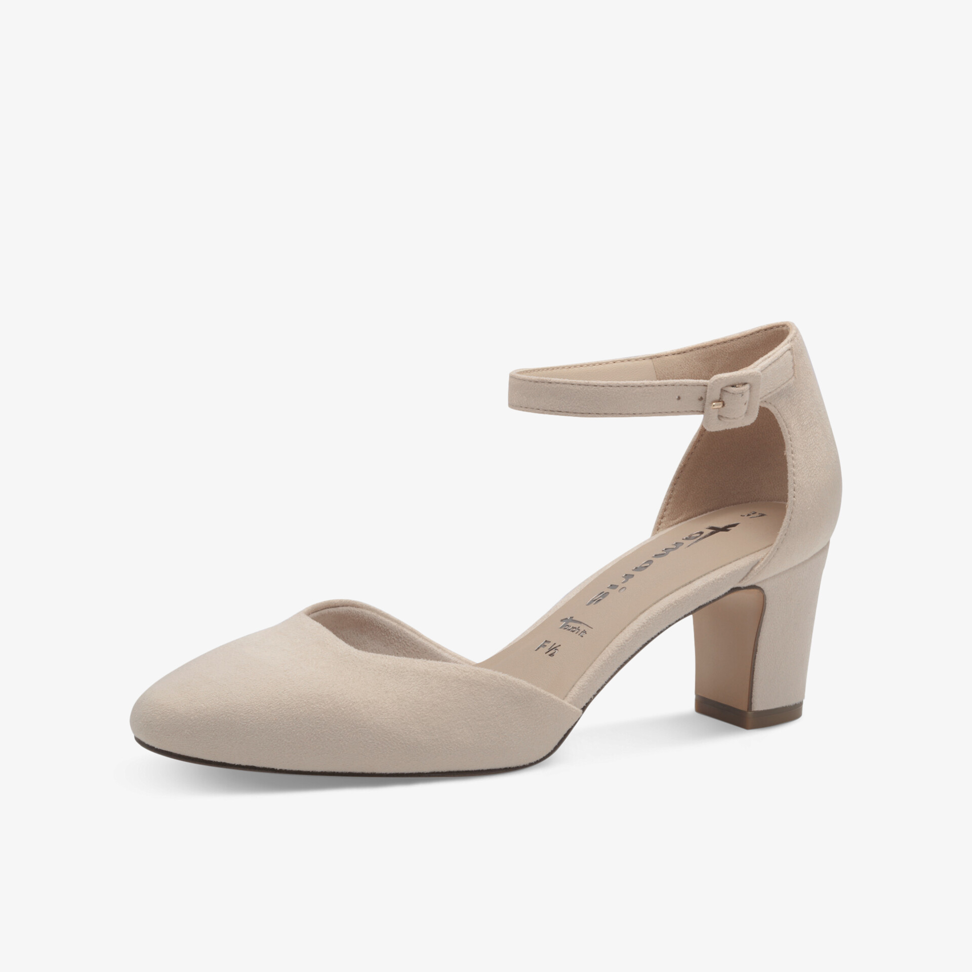 Beiger eleganter Pumps mit Blockabsatz und verstellbarem Knöchelriemen, spitze Zehenform und bequemer Passform