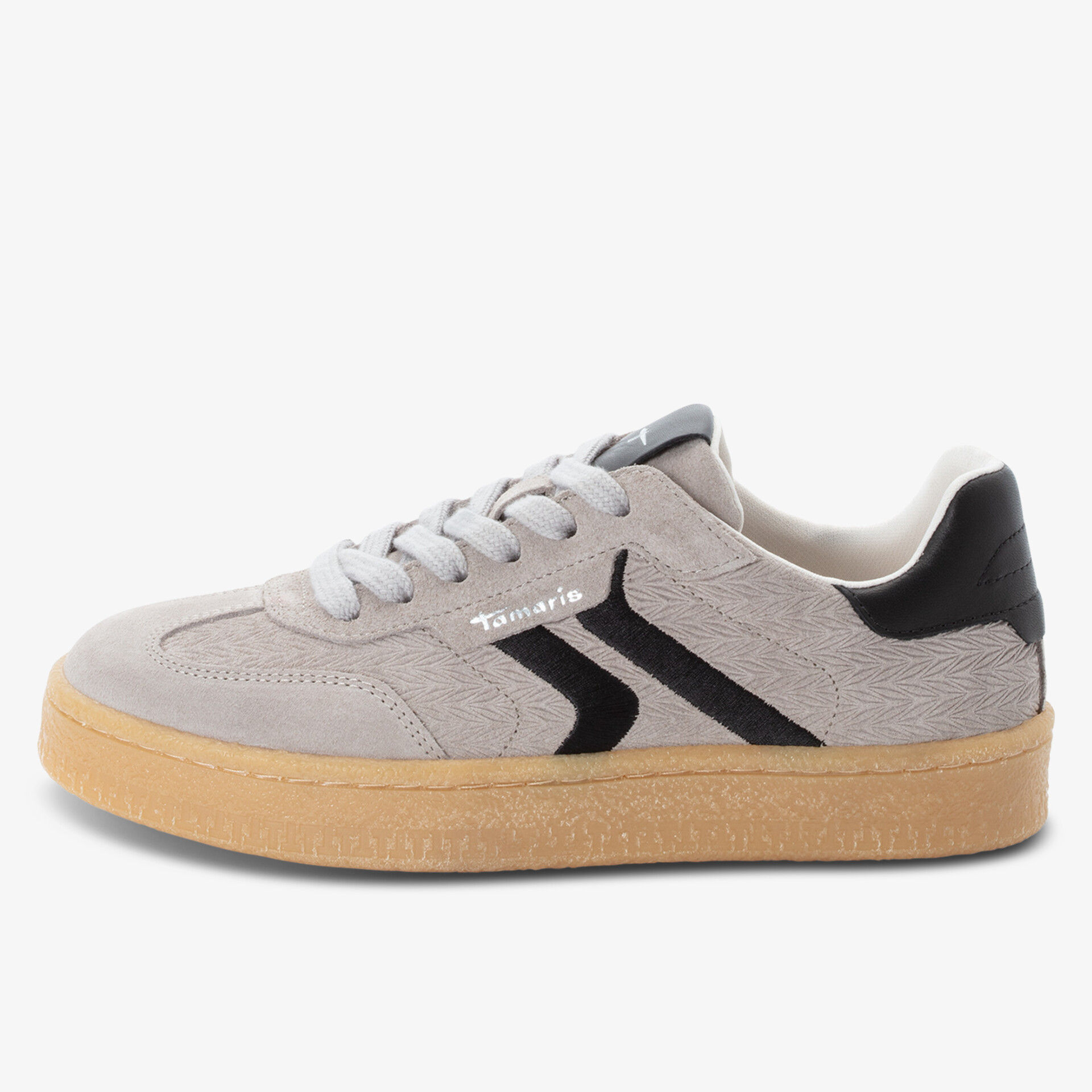 Beiger Veloursleder Sneaker mit schwarzem Akzent und komfortabler Gummisohle seitlich Ansicht