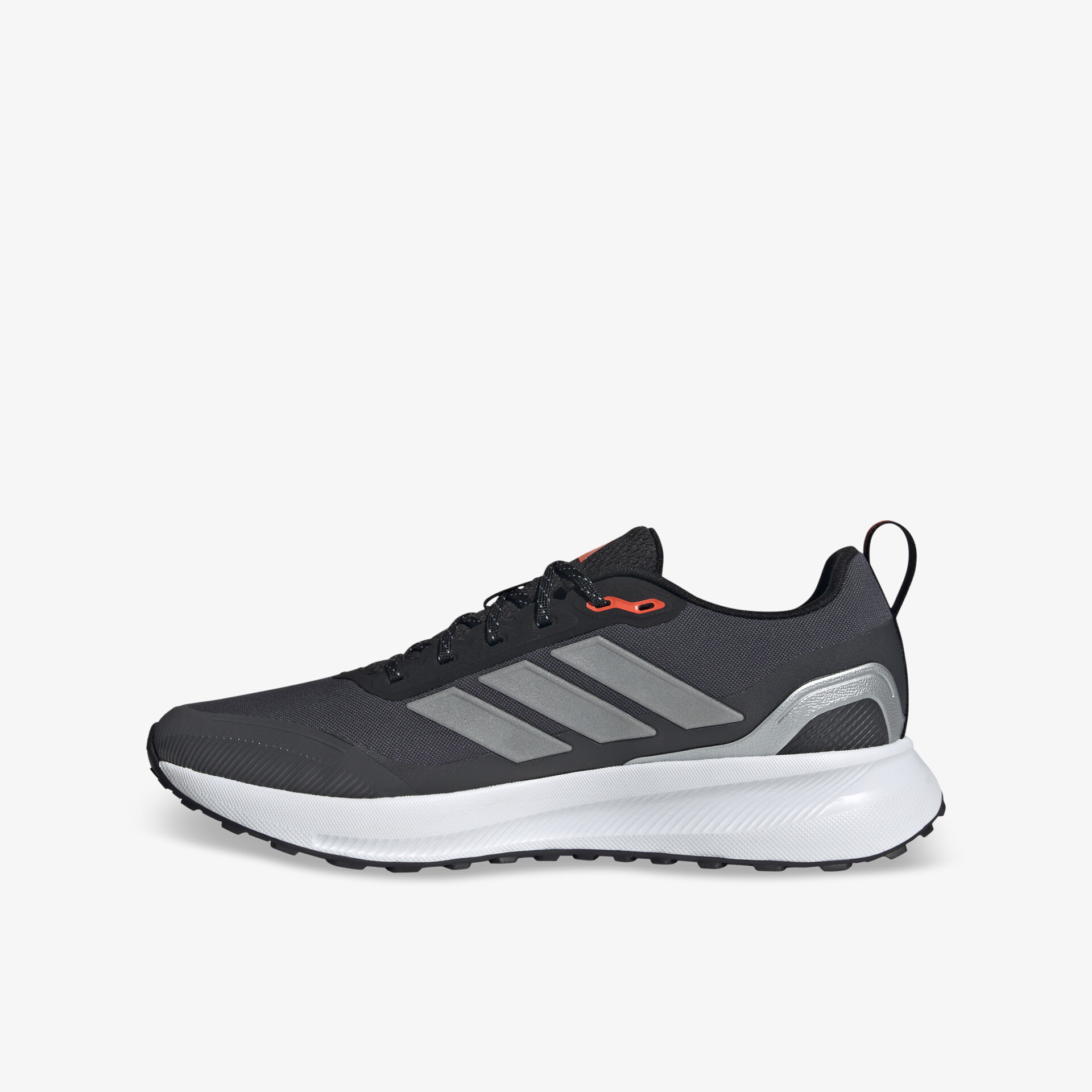 Seitliche Ansicht eines schwarzen Sport-Sneakers mit weißer Sohle und dynamischem, leichtem Design