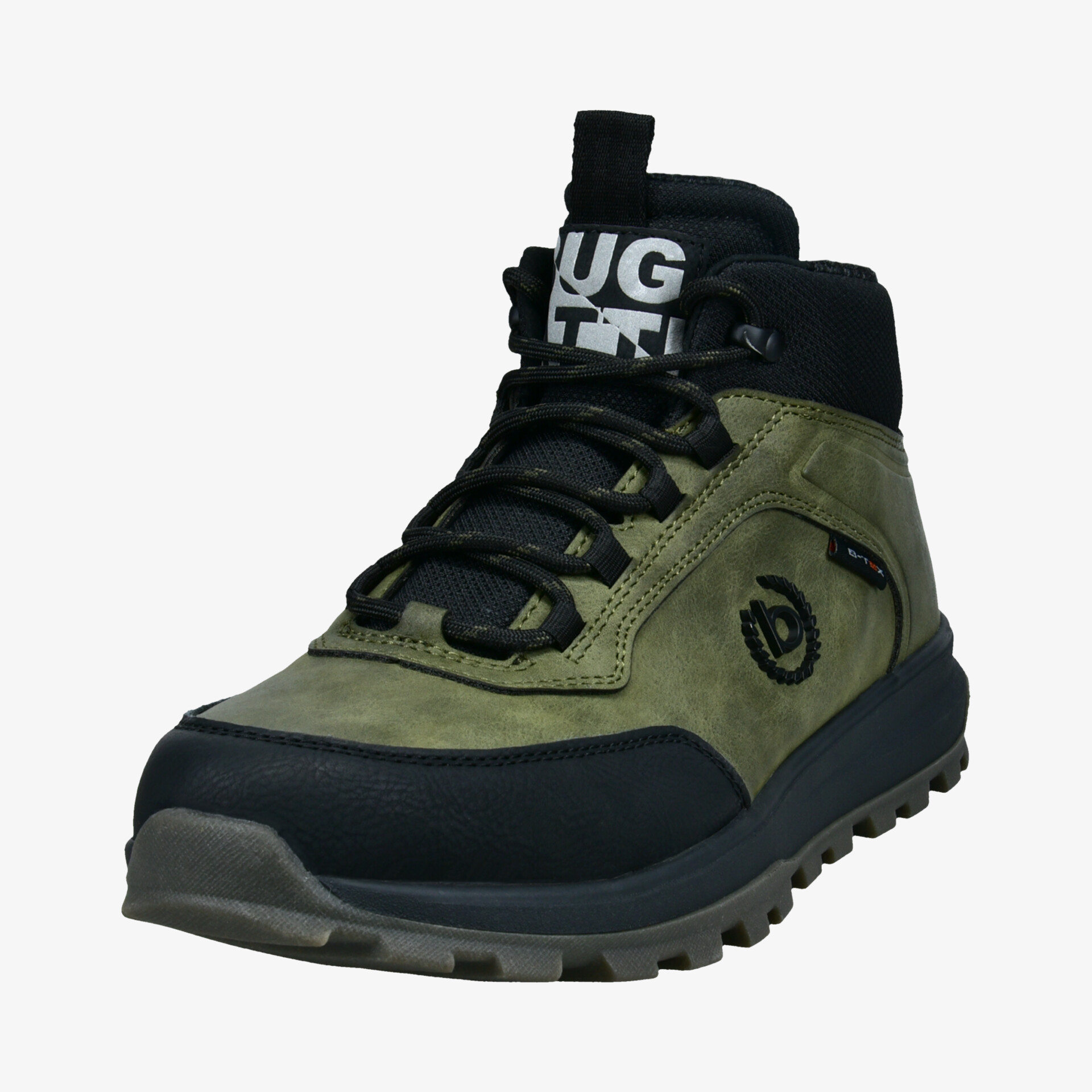 Robuster Outdoor Wanderschuh in Oliv mit schwarzer Verstärkung vorne, gepolsterter Knöchelstütze und profilierter Sohle